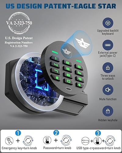 Miniatura 2 de Kavey Caja de seguridad impermeable a prueba de fuego, con teclado digital y luz LED, caja fuerte de seguridad con sistema de alarma dual y función