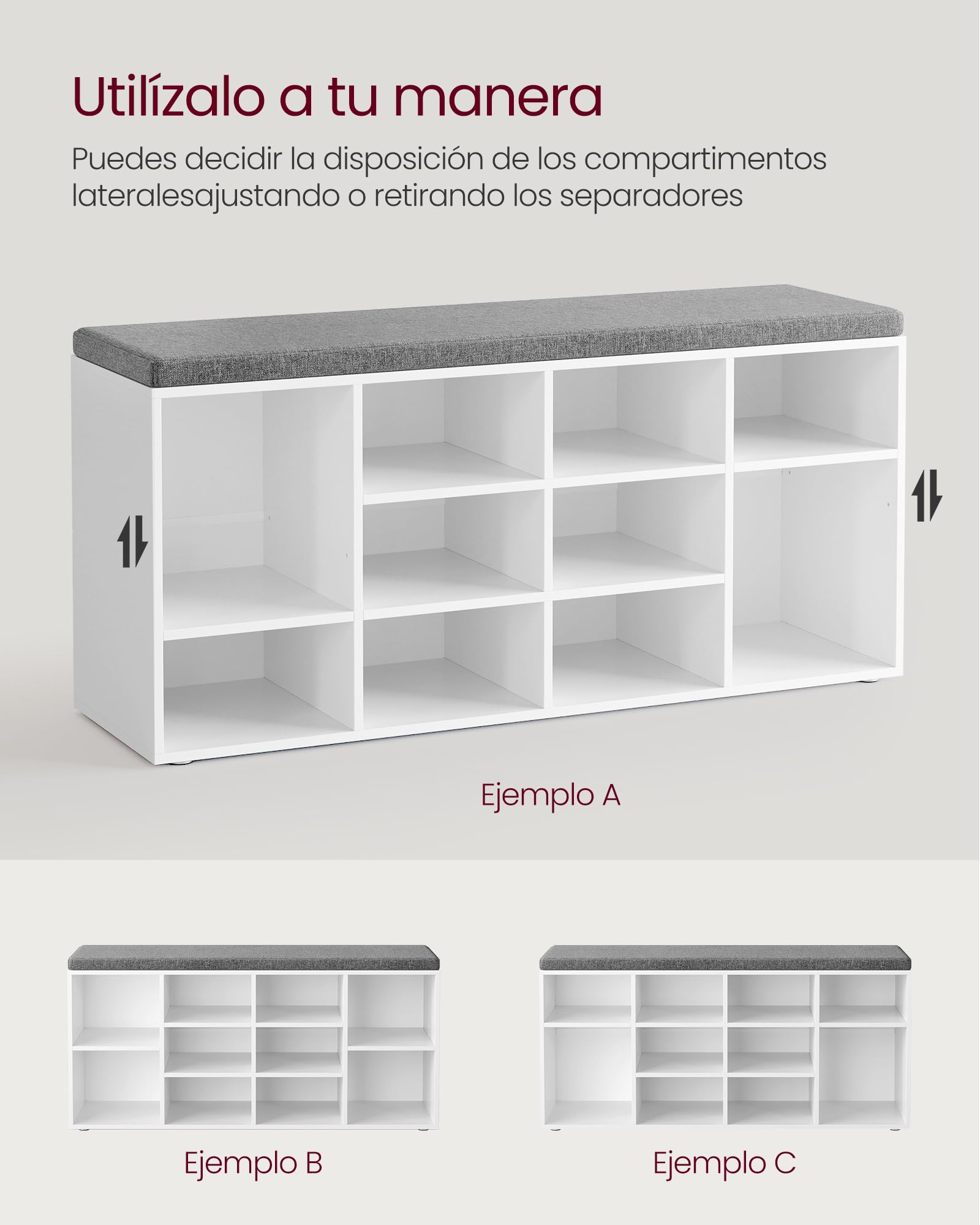 VASAGLE Banco Zapatero, Mueble Zapatero, Banco Recibidor con 12 Compartimentos y Asiento Acolchado, 30,3 x 104 x 48 cm, Entrada, Dormitorio, Sala de Estar, Blanco y Gris LHS012W14
