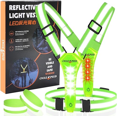 Chaleco reflectante LED para correr, chaleco iluminado para caminar por la noche, alta visibilidad, recargable por USB, luces de correr ajustables
