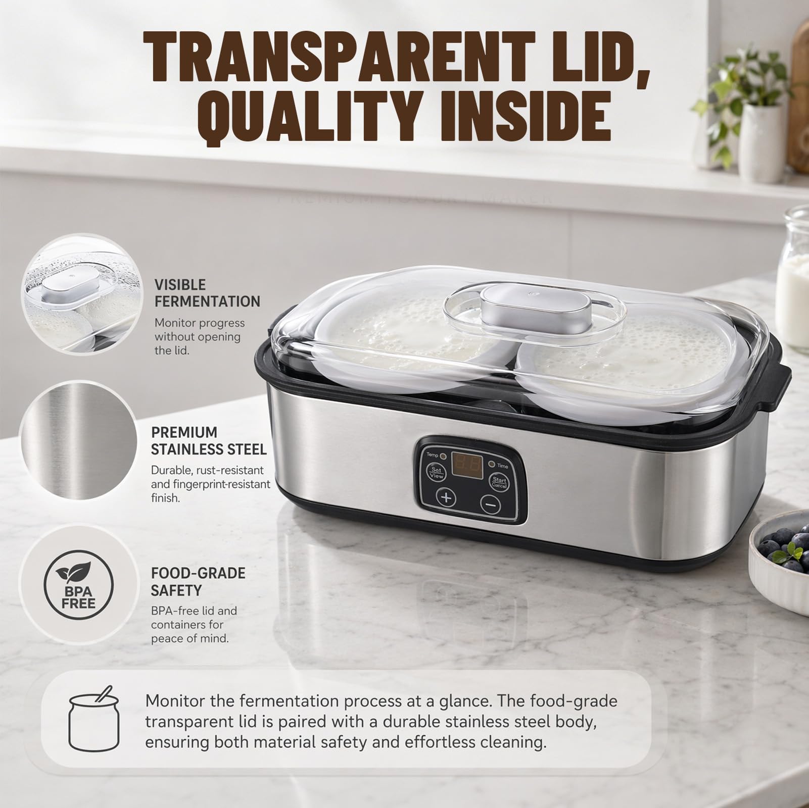 Elektrische Joghurtmaschine 2L, Automatischer Joghurtbereiter mit Einstellbarer Temperatur und Digitalem Timer, Yogurt Maker mit 2 Glasbehälter für DIY Selbstgemachten Joghurt, Käse, Reiswein, Natto