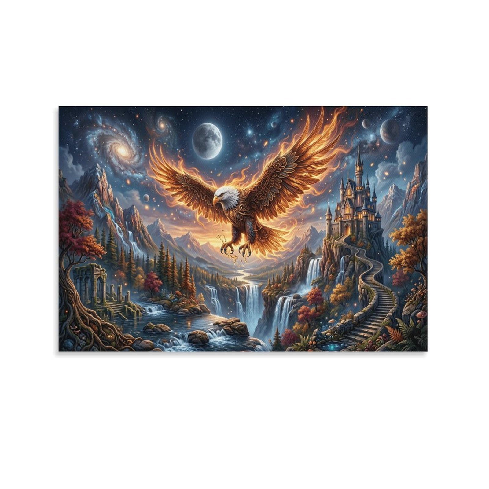 XPASHIQWC Flame Eagle Wall Decor Poster Galaxy Waterfall Castle Canvas Prints Picture Modern Canvas Wall Art Picture Wall Hanging for Dining Room Kitchen Home Office Decor 24x36inch(60x90cm)