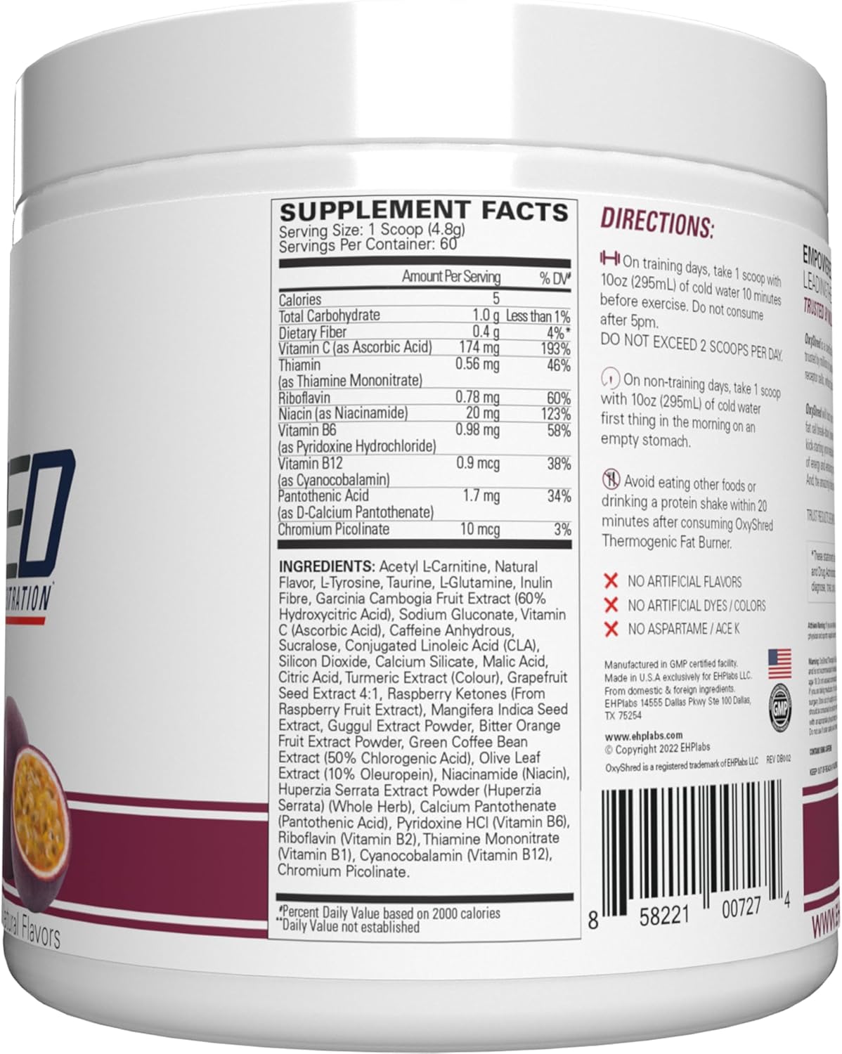 EHP Labs OxyShred Pre Workout Powder & Shredding Supplement - Preworkout Powder with L Glutamine & Acetyl L Carnitine, Energy Boost Drink - Passionfruit, 60 Servings - Image 7