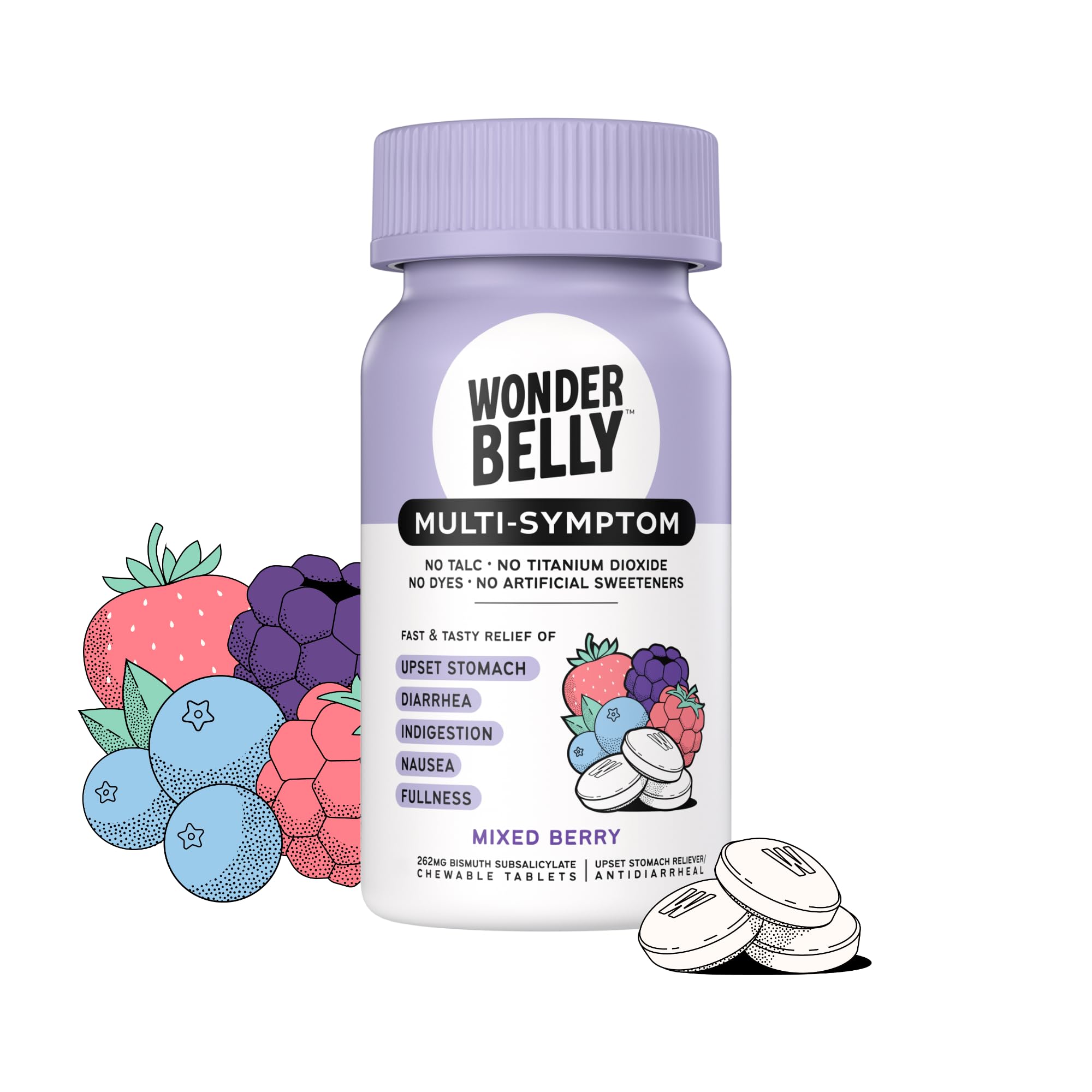 Wonderbelly Multi-Symptom Medicine Anti-Diarrhea &amp; Upset Stomach Relief with Bismuth Subsalicylate Mixed Berry 40 Chewable Tablets