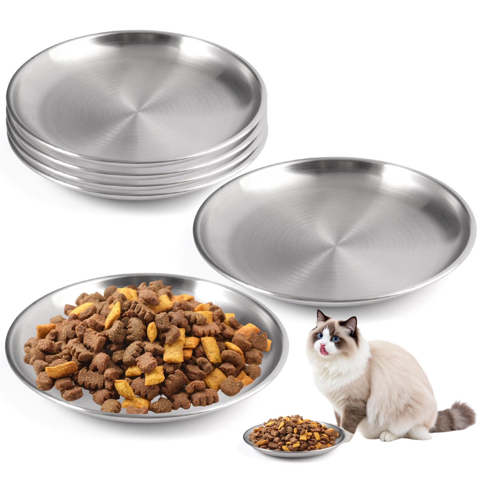 6 Piezas Cuencos Planos para Gatos de Acero Inoxidable, 14cm Platos para Gatos, Cuenco Plano para Gatos Aliviar La Fatiga de Los Bigotes, para Gatos Perros y Pequeños
