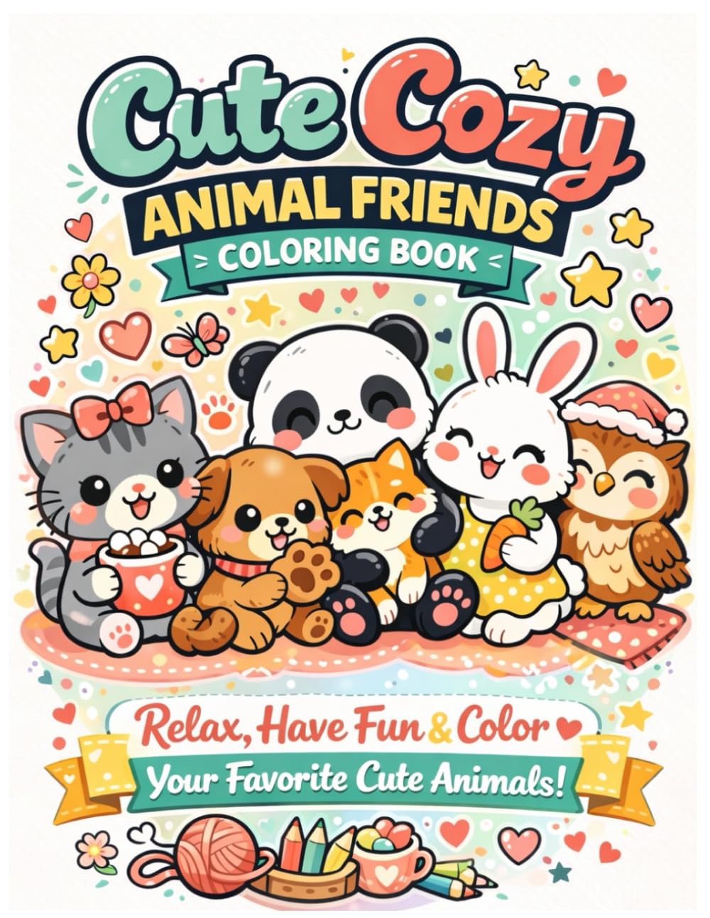 Cute Cozy Animal Friends Coloring Book: Relaxing Coloring Pages with Adorable Cats and Friends for Teens and Adults