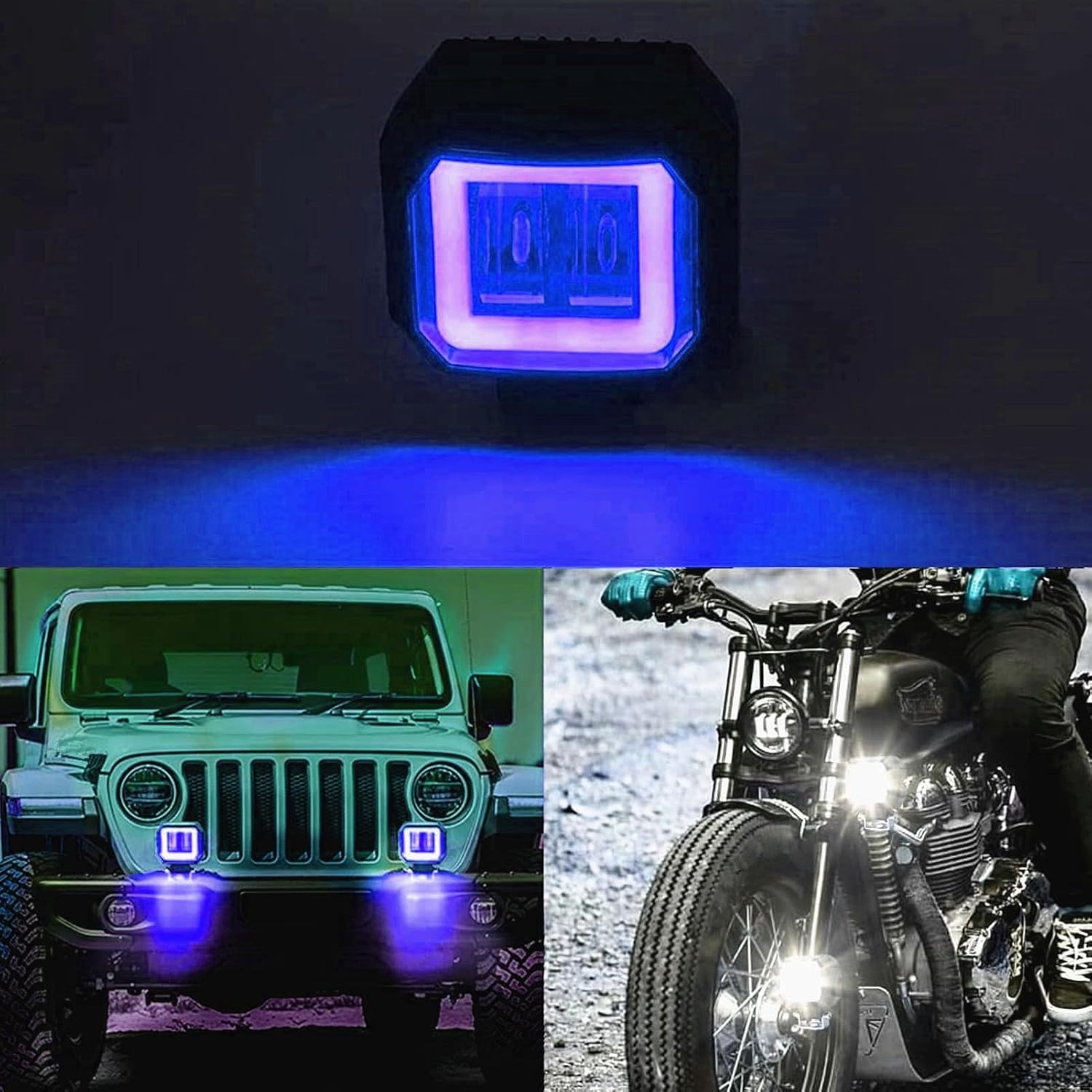 Ourbest Motorcycle Fog Lights with Halo, Cube Motorcycle Auxiliary Lights for Motorbike ATV Off Road Light(Blue)