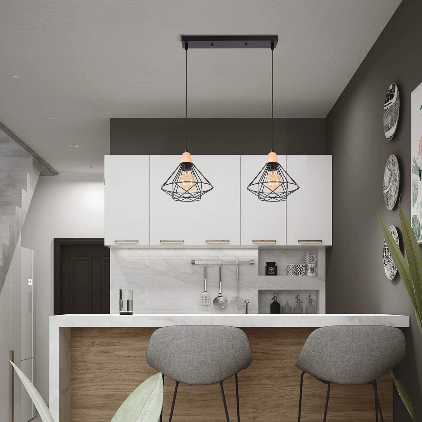 iDEGU 2 Luci Lampadario a Sospensione Vintage Industriale, Lampada da Soffitto in Legno e Metallo Nero Gabbia Geometrica 22cm Retro Lampada a Sospensione Interni per Camera da Letto Cucina (Piatto)