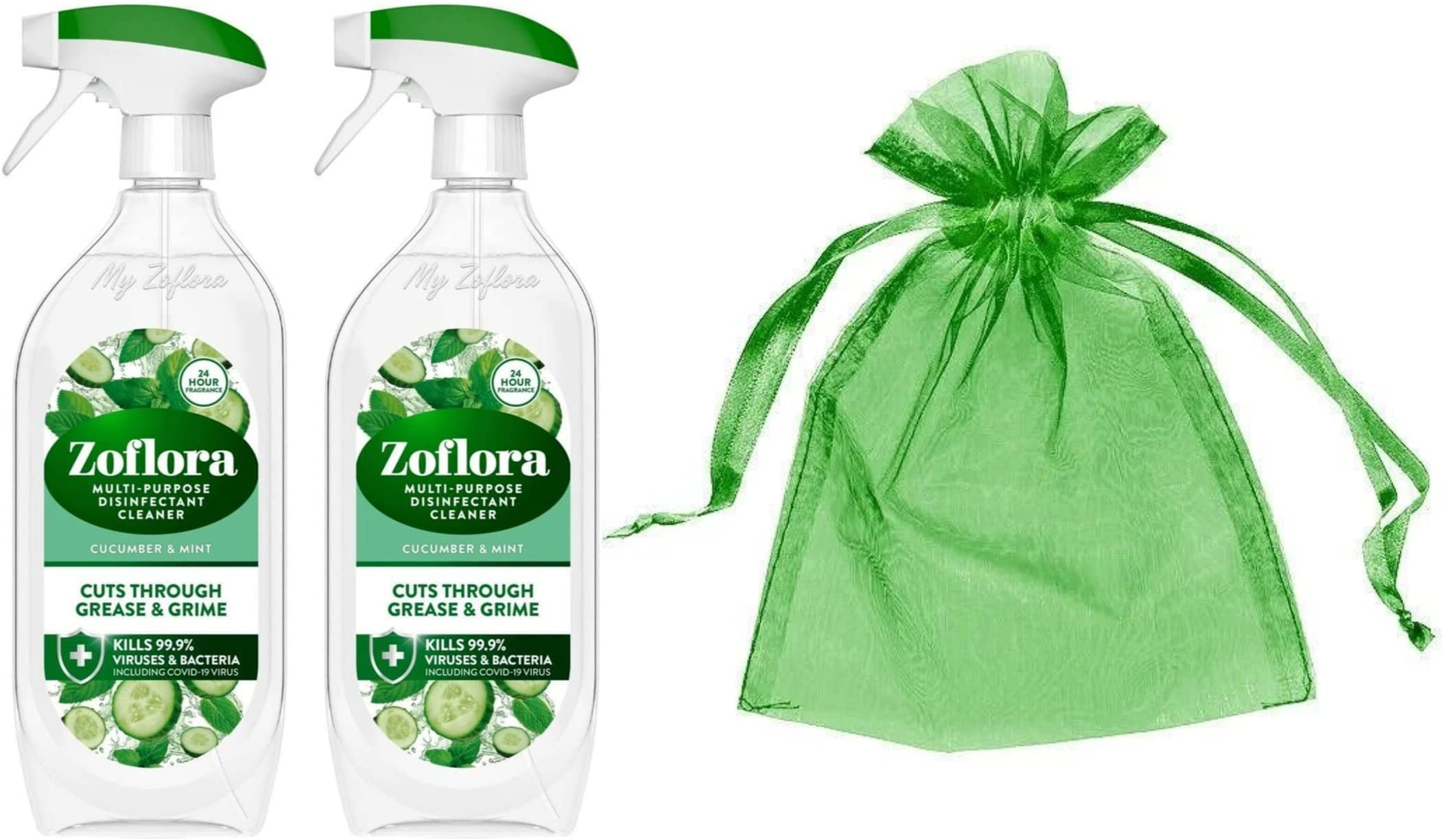 Zoflora Multi Purpose Disinfectant Cleaner Spray, Twin Pack, 2 x 800 ml, Cucumber & Mint Scent + Our Gift for You - Organza Bag Size 9 x 7 x 0.1 cm