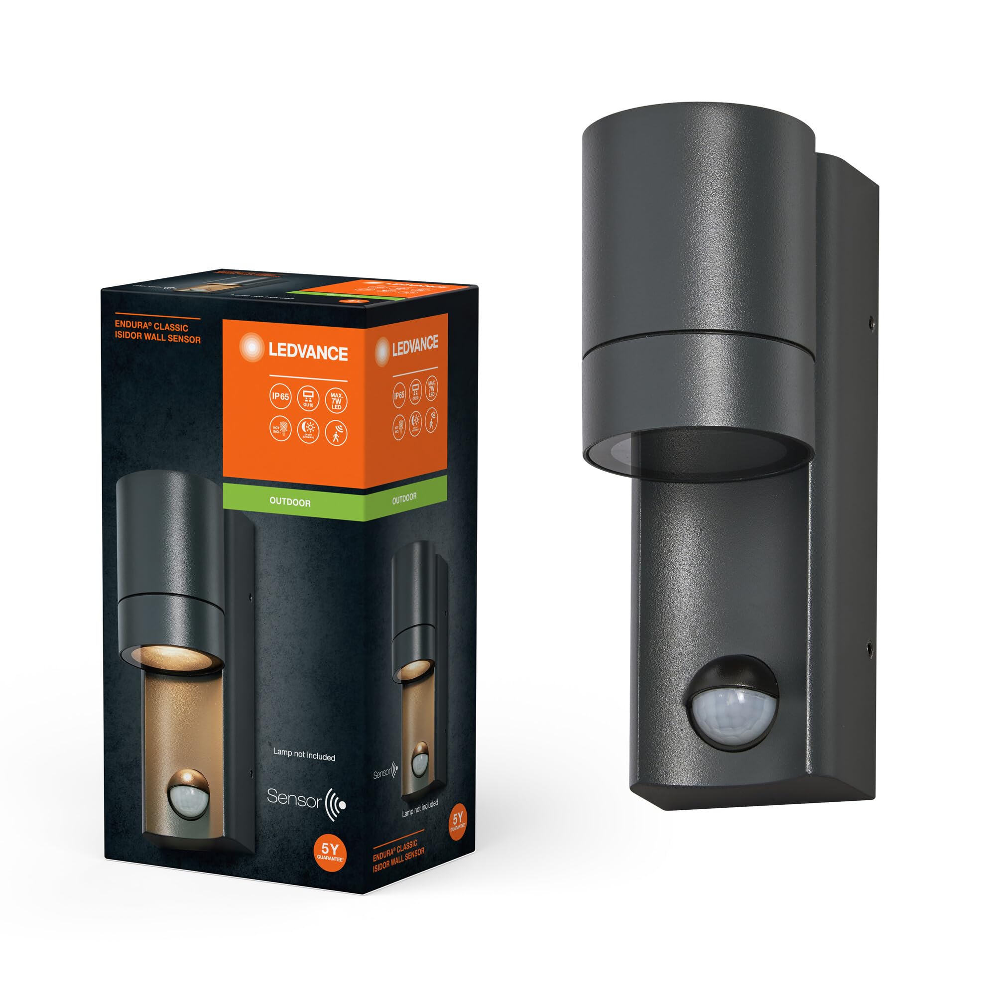 LEDVANCE Endura Classic Isidor W S Outdoor Light, Wall Light, GU10, Dark Gray, Aluminum, Easy Installation, indirect Lighting, IP65 Protection, Daylight Sensor, Motion Sensor
