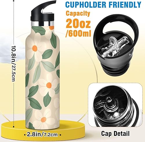 Miniatura 2 de FLOWER and whites - Botella de agua natural a prueba de fugas, sin BPA, con pajilla, doble pared aislada al vacío para deportes, viajes y escuela,
