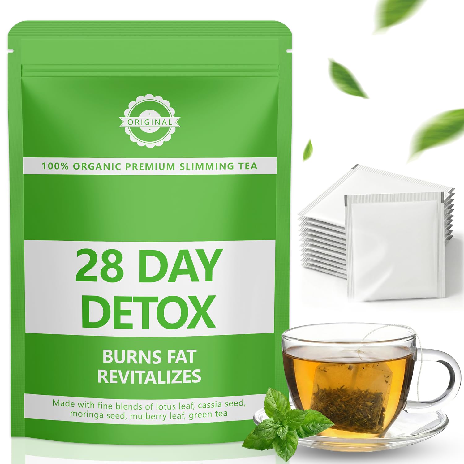 Detox Tee Zum Abnehmen - 28 Tage Detox Tee, Natürliche Kräutermischung mit Lotusblatt, Cassia-Samen, Moringa & Grüntee
