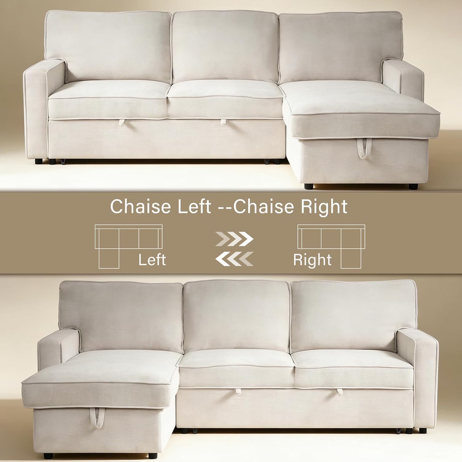 Dreamzie 89'' L Shaped Sectional Sleeper Sofa with Flip-Down Center Console & Charging Ports, Chenille 3 Seater Pull Out Couch for Living Room, Convertible Sofa Bed Couch for Apartment, Office - Beige