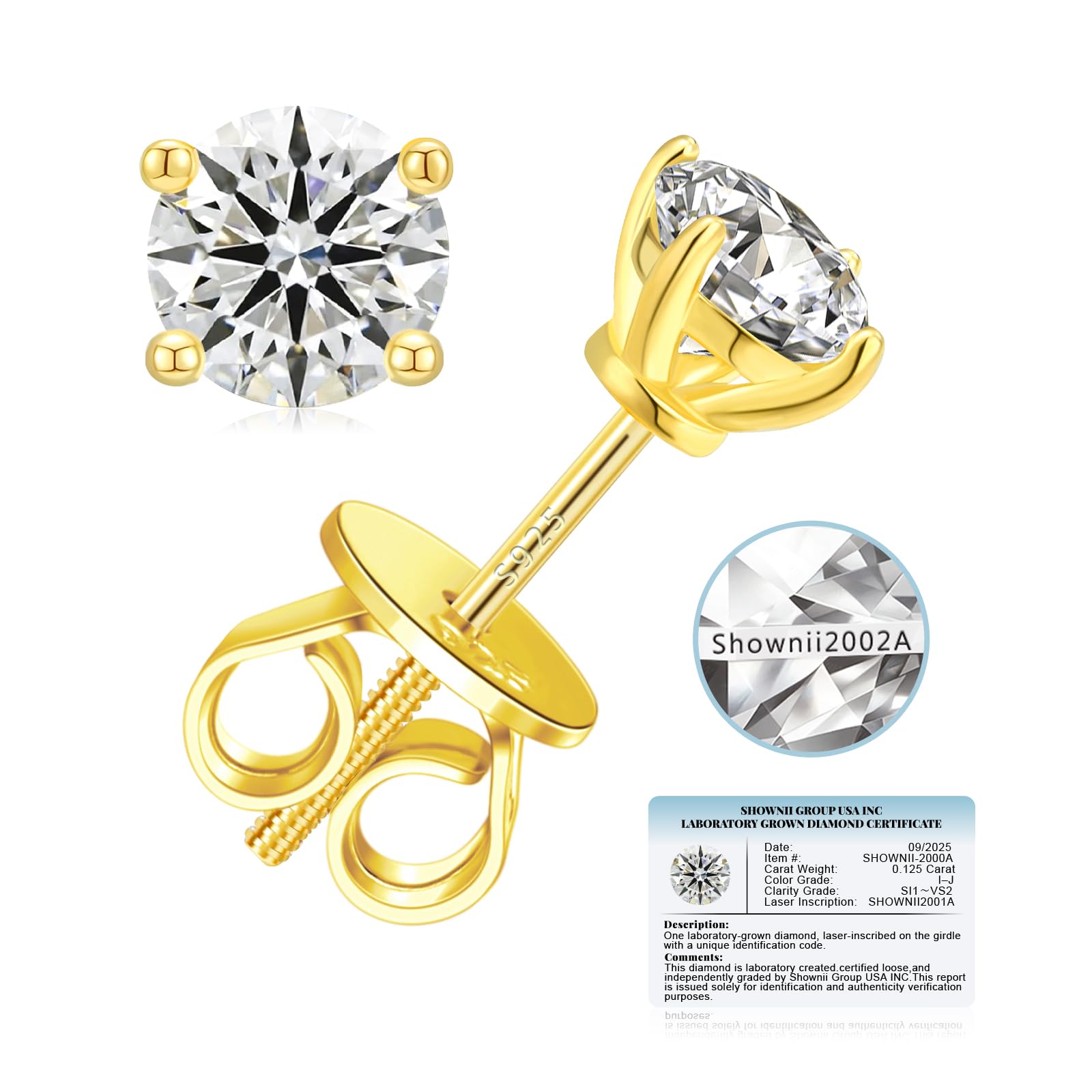SHOWNII LAB GROWN Diamond Stud Earrings for Women 0.25CT - 2CT Screw Back