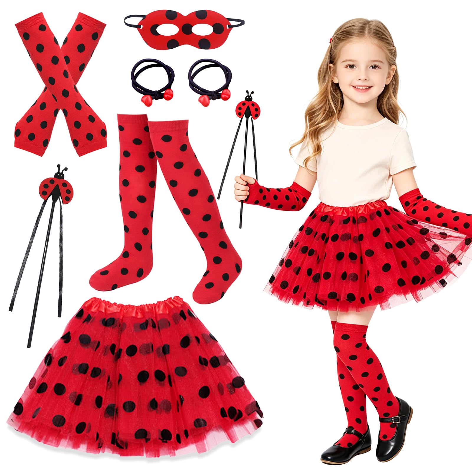 7 Pcs Girls Ladybird Costume and Accessories Set, Party Lady Bug Costume