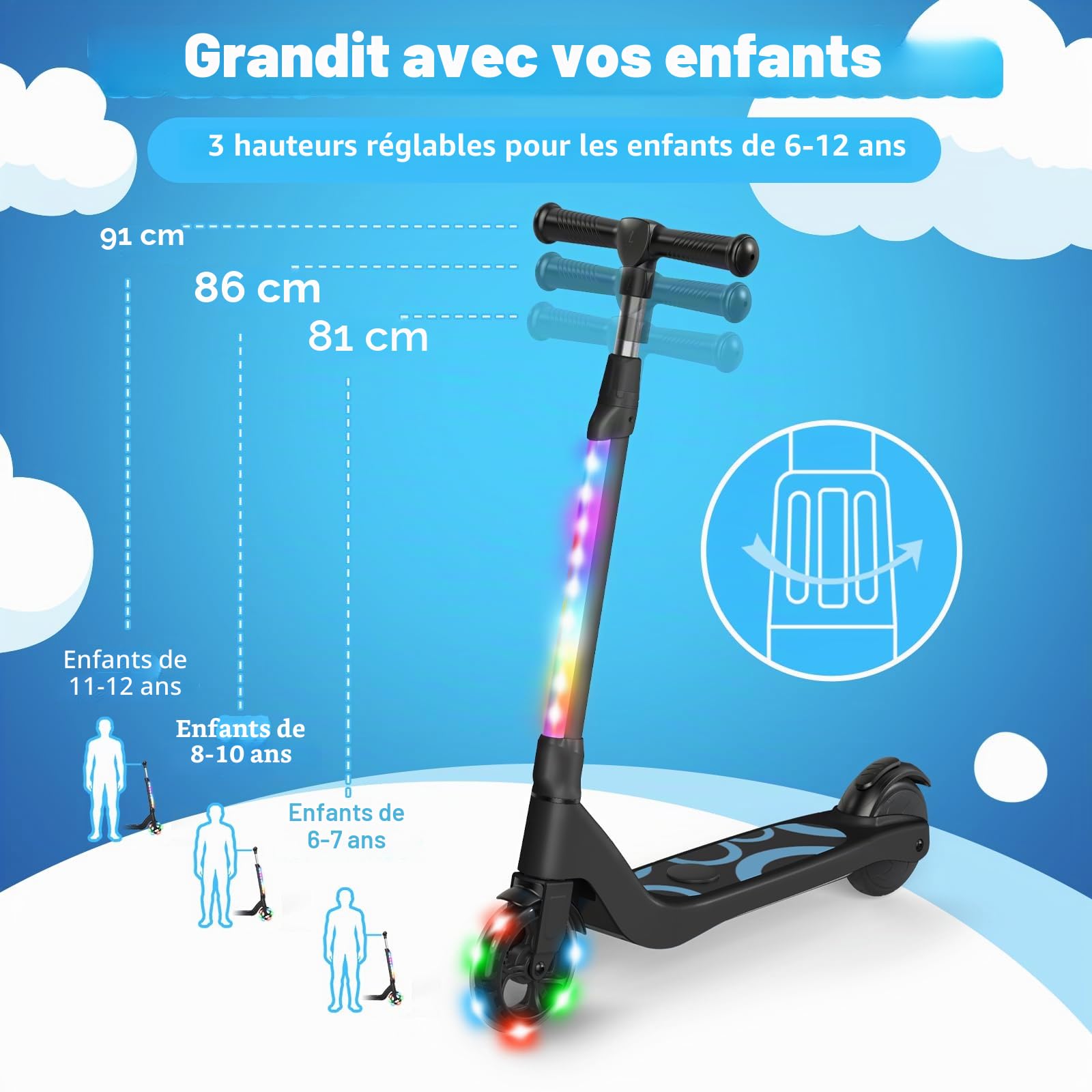SISIGAD Trottinette électrique pour Enfants de 6 à 12 Ans, 5,3 ", avec lumières LED Clignotantes et 3 hauteurs réglables, Charge maximale de 10 km/h, Moteur 45 W, Charge maximale 70 kg