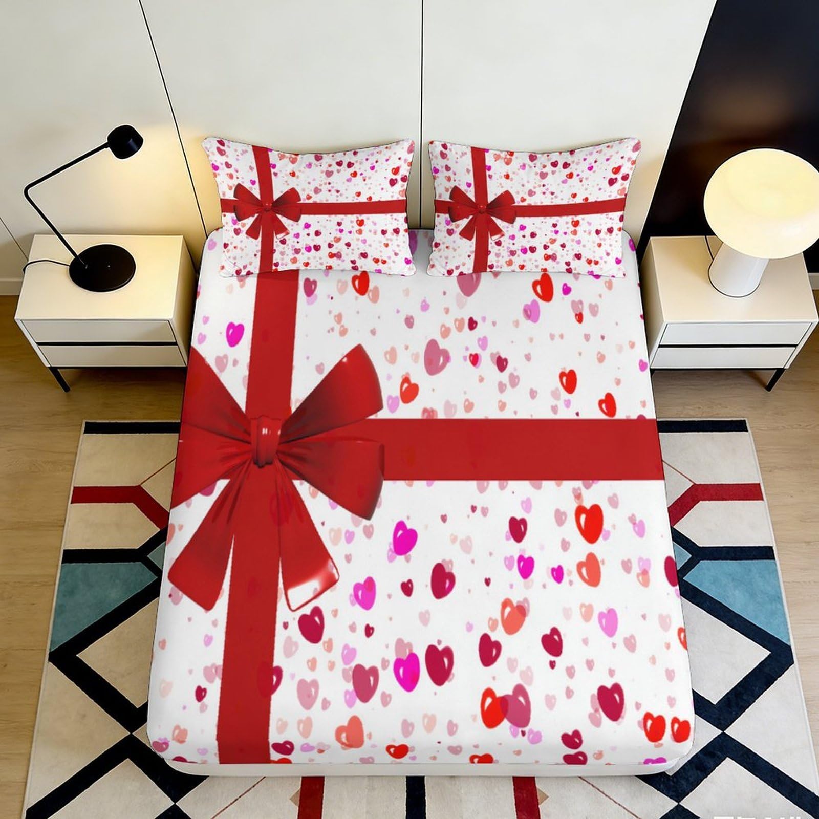 Jqzkxnhpbr Style-9 3D Printed Gift Ribbon Fitted Sheet Microfiber Heart Confetti Mattress Cover For Bedroom Guest Room Easy Care 90X200x25cm
