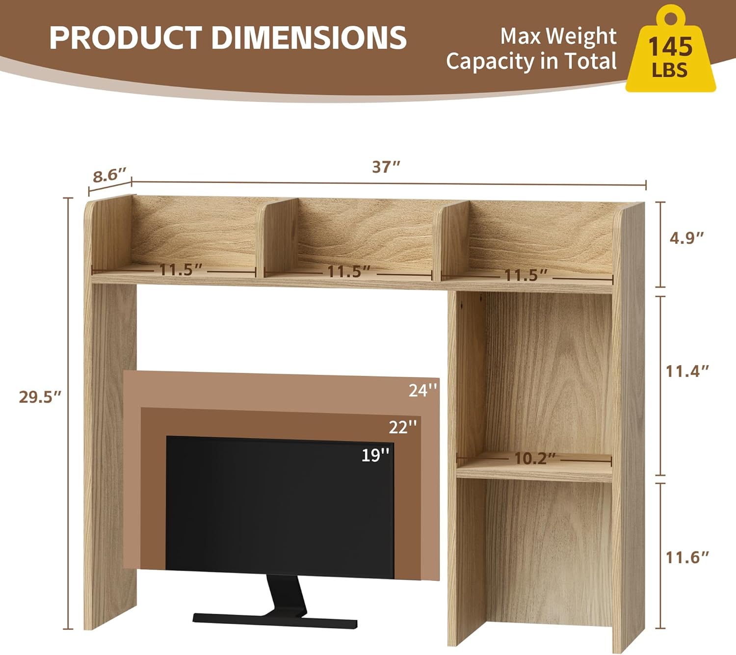 Desktop Bookshelf for Computer Desk, 5 Shelves Desk Hutch Shelf for College Dorm, 3-Tiers Countertop Storage Hutch, Wooden Desktop Hutch Organizer
