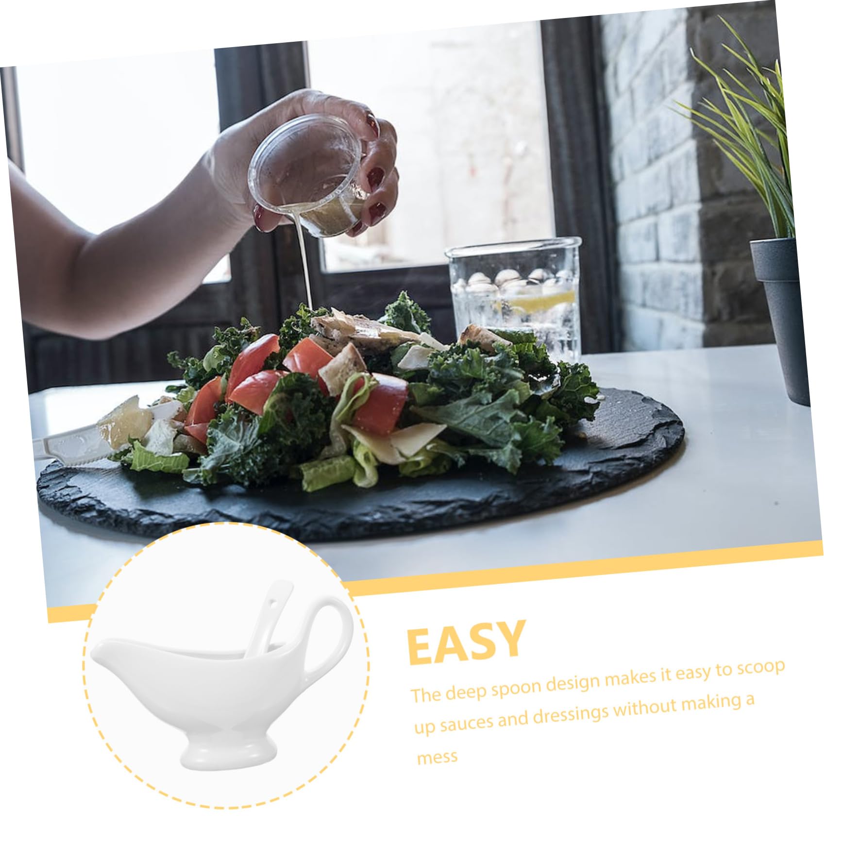Salsiera in Porcellana 175 Ml con Mestolino, Design Anti Goccia per Sugo e Salsa da Tavola, Supporto Abbinato