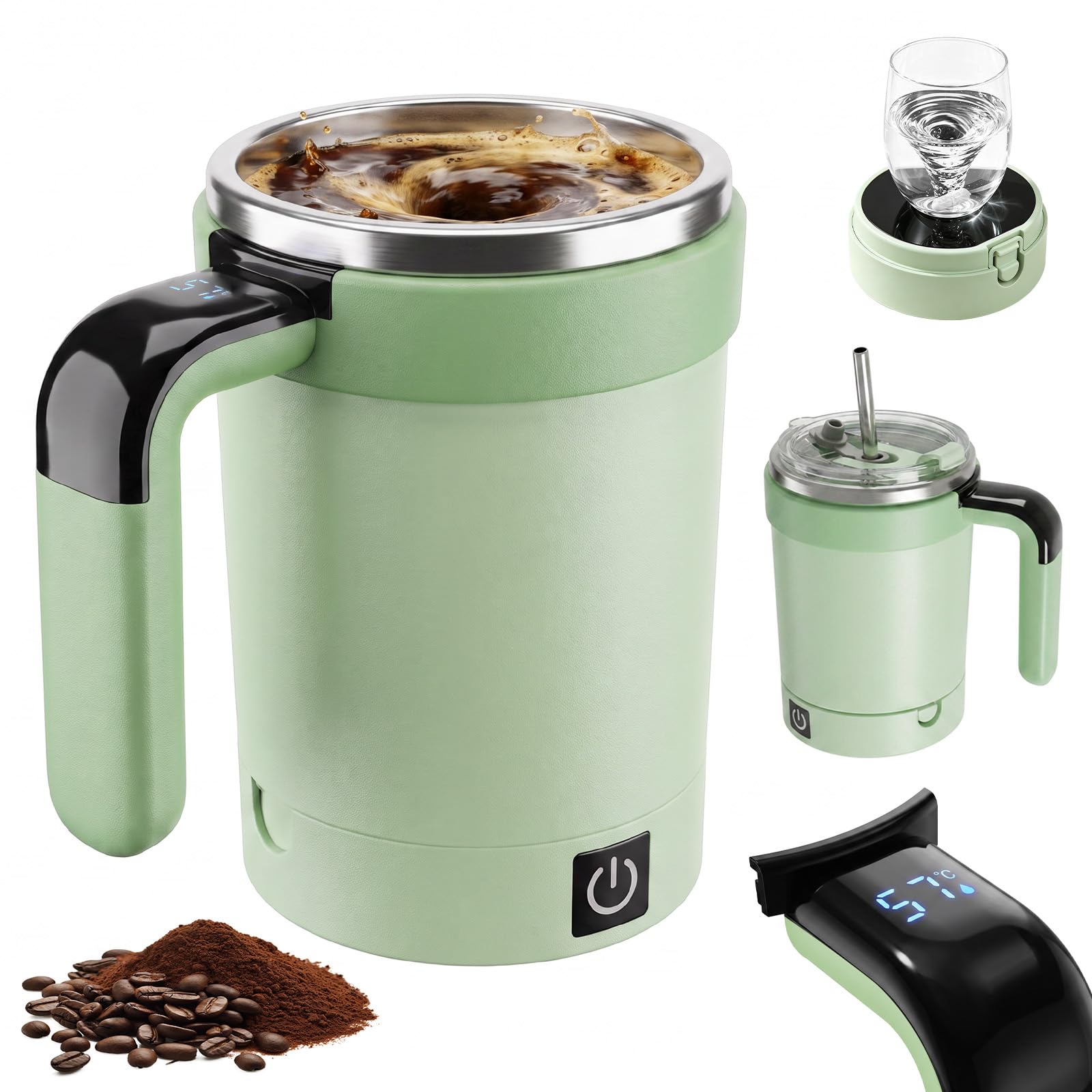 Weiyonse Self Stirring Mug - 380ML Self-Stirring Magnetic Coffee Cup with LCD Temperature Display Rechargeable Auto Magnetic Mug with Lid and Detachable Base for Milk Coffee Hot Chocolat (Green)