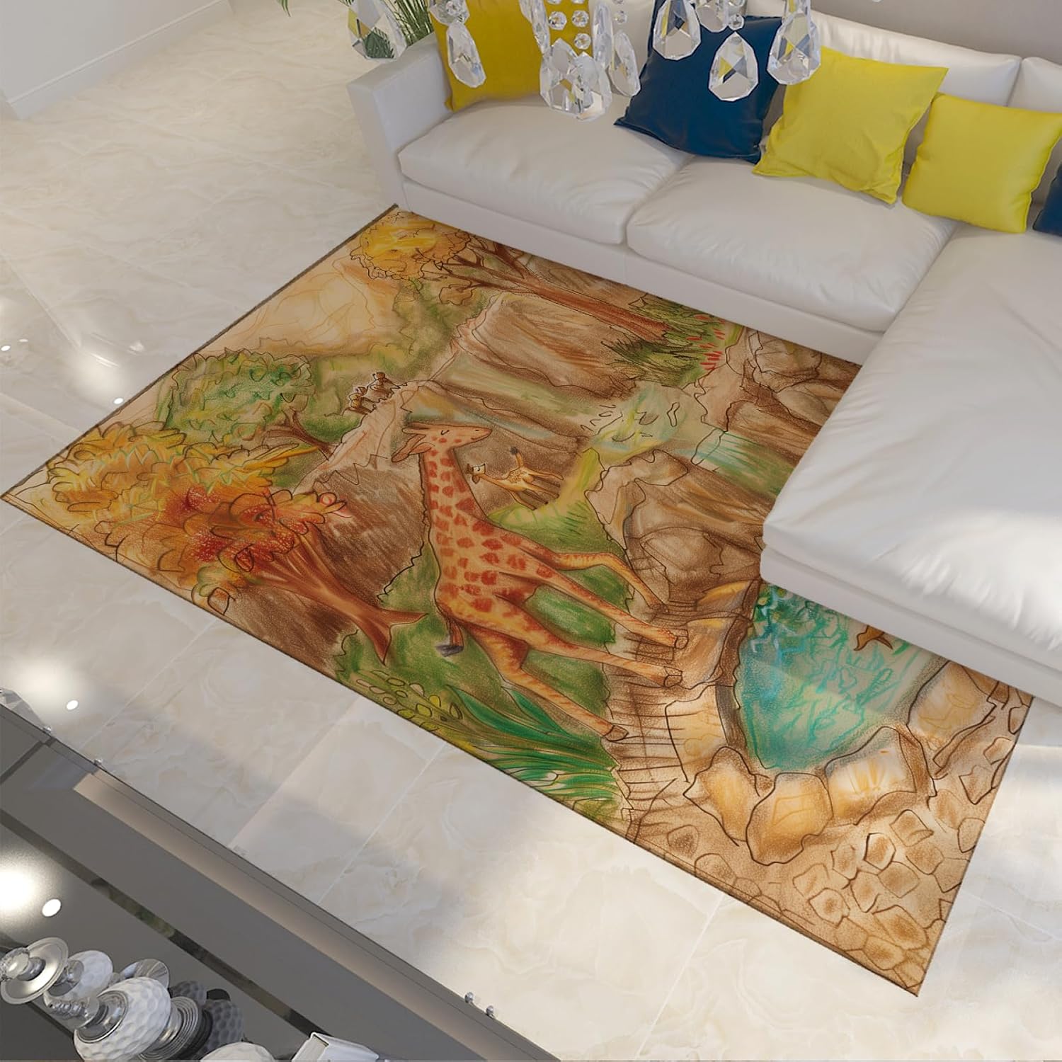 Cartoon Rug 5'x8' - Cute Giraffe Floor Carpet Zoo Theme Jungle Animals Room Rug Easy Care Non Shedding Low Pile Carpet for Nursery Dorm