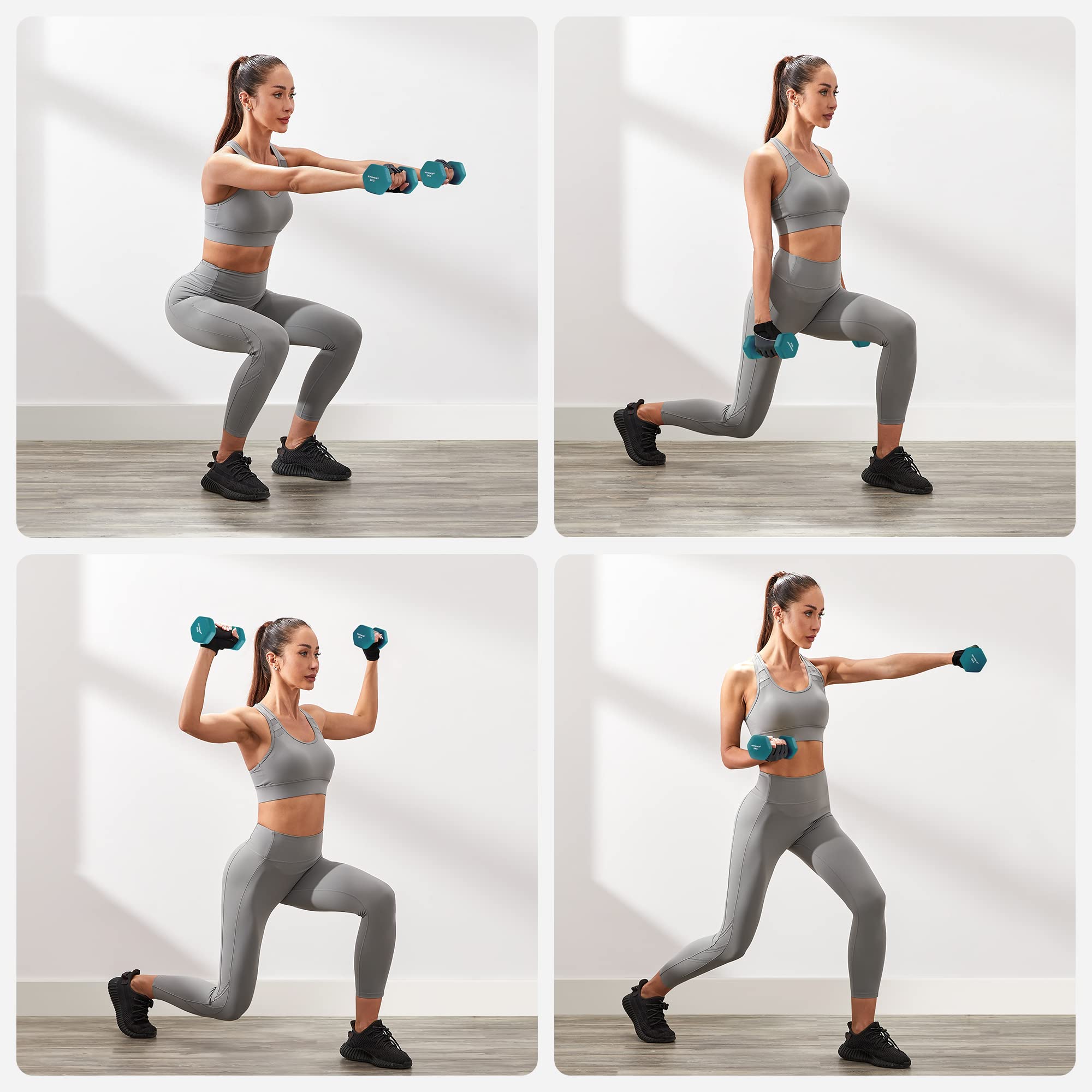 SONGMICS Hanteln, Hantelset 2 x 5 kg, Kurzhanteln mit Hantelständer 2 x 1 kg, 2 x 2 kg, 2 x 3 kg, Krafttraining, zu Hause, im Büro, Fitnessstudio, schwarz, limettengrün, aquamarin und hellgrau SYL60GN