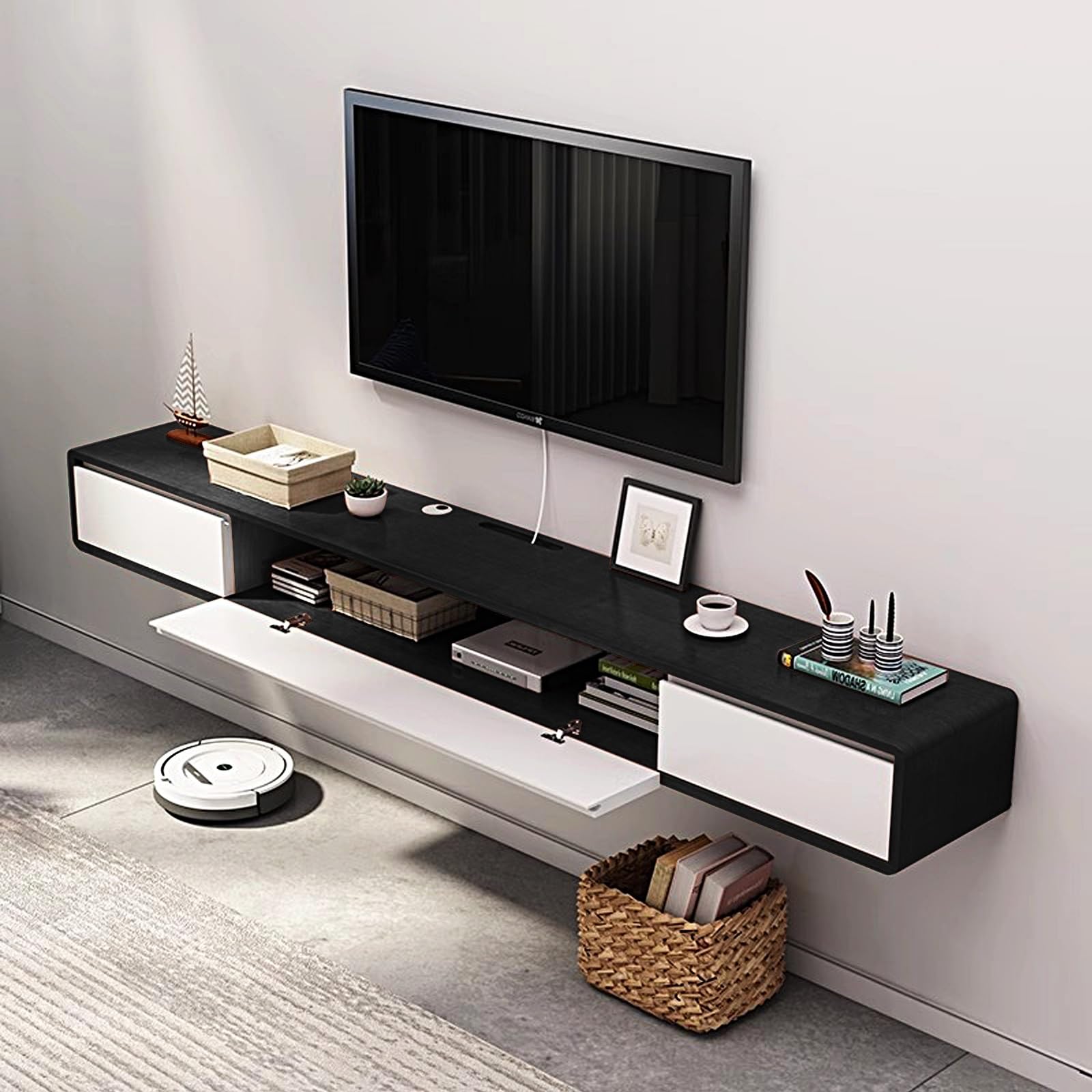 Mobile TV sospeso, Moderno Centro di intrattenimento sospeso con 2 cassetti portaoggetti, mensola TV in Legno massello, Console multimediale per Soggiorno, Camera da Letto (Naturale, 160 cm/63 polli