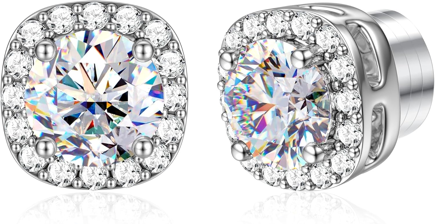 Moissanite Magnetic Earrings for Men : 18K White Gold Plated Hypoallergenic Stainless Steel Non Piercing Clip on Fake Earrings Studs Halo Round Square Diamonique Earring Women D Color VVS1