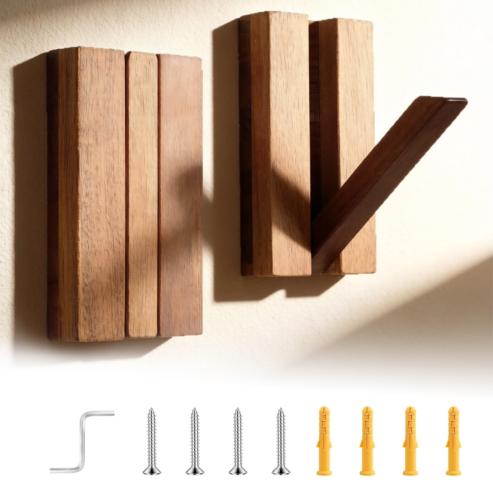2 Pack Flip Down Wall Hooks，Foldable Wooden Rustic Coat Hooks Space Saving