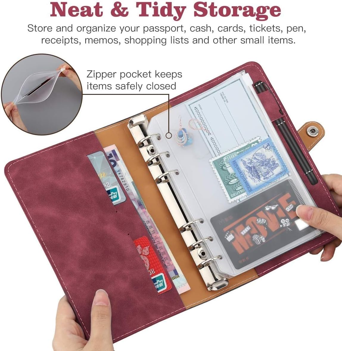 A6 Notebook Budget Binder, Mini PU Leather Money Organizer with 12 PCS Clear Plastic Zippered Cash Envelopes Pockets & Label image 3