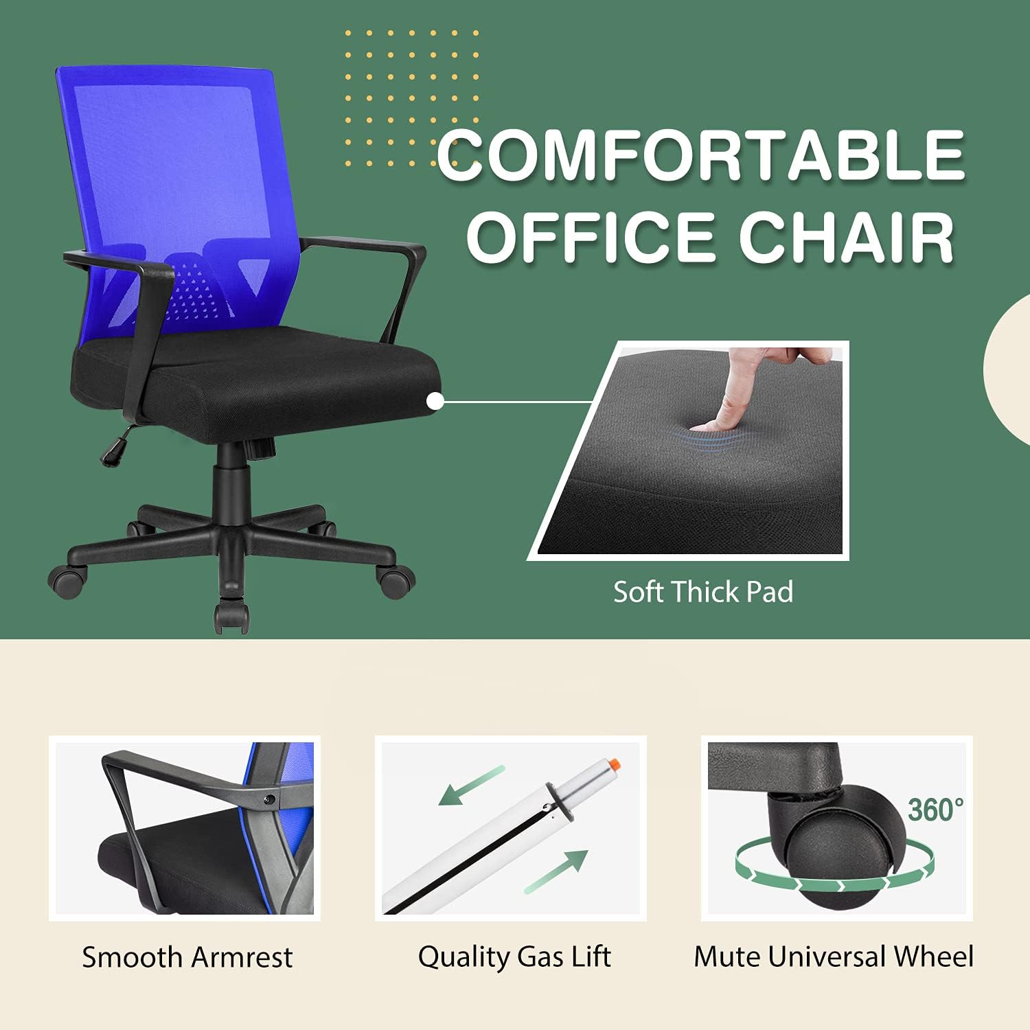 Office Chair Ergonomic Lumbar Support Desk Mesh Computer Chair Mid Back Swivel Chair with Armrest (Blue)