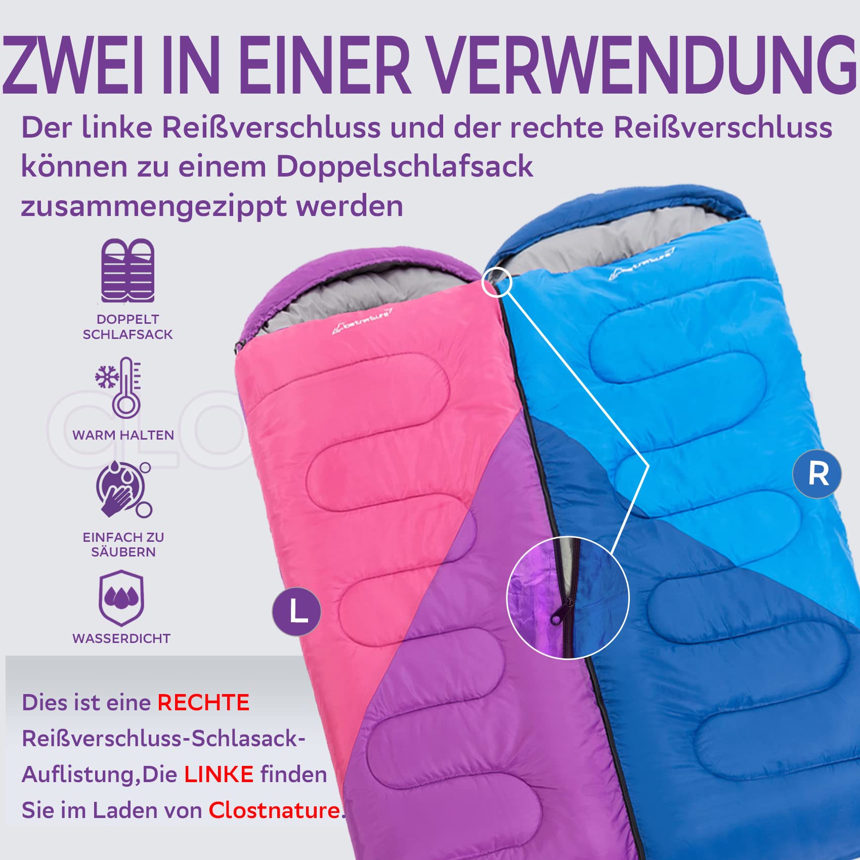 Clostnature Schlafsack Outdoor mit Erwachsene, Leichter Schlafsäcke für Camping, 3-4 Jahreszeiten Deckenschlafsäcke mit Kleines Packmaß für Damen, Herren, Wandern, Bergsteigen(Rechter Reißverschluss)
