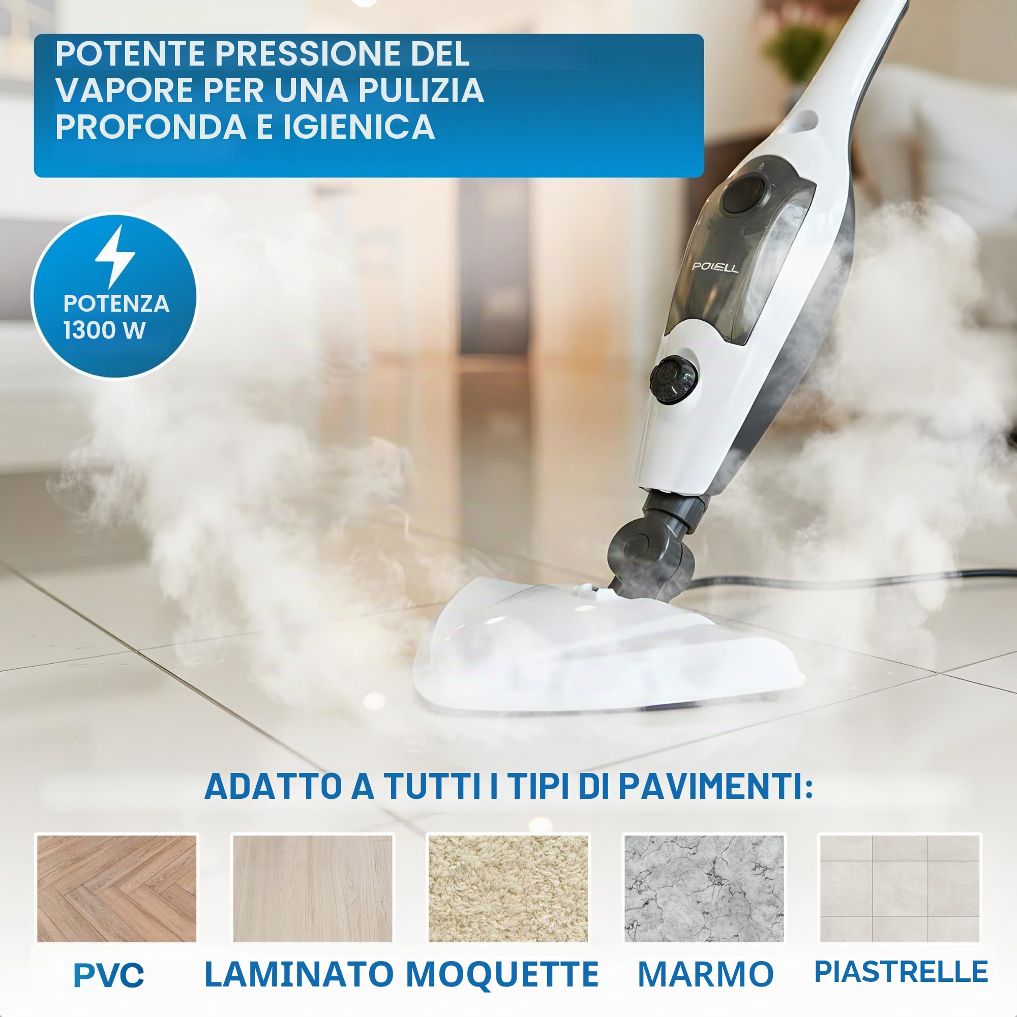 Powell Pulitore A Vapore - Macchina Per La Pulizia Multifunzionale 12 In 1 | Mop A Vapore Da 1300 W Per Pavimenti Duri, Tappeti, Tappezzeria | Pulitore Portatile Per Tappeti Senza Prodotti Chimici