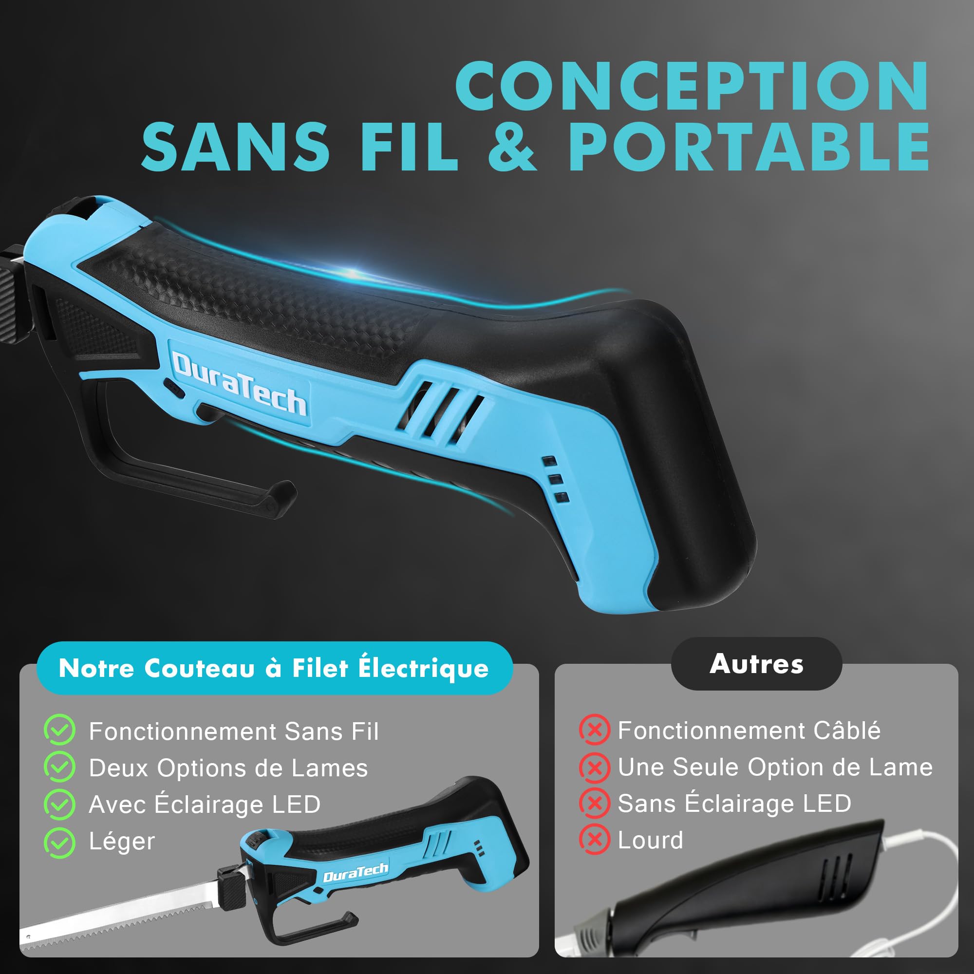 DURATECH Couteau à Filet Électrique sans Fil, Couteau à Filet de Poisson Rechargeable avec 2 Lames(20cm/25cm), Poignée Antidérapante, Verrou de Sécurité, LED, Idéal pour Cuisine, Pêche, Professionnels