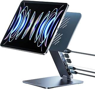 Magnetic Stand Hub for iPad Pro 11 inch, Aluminum Alloy iPad Stand for Desk with Docking Station, Adjustable Holder with 4K@60Hz HDMI, 100W PD, USB 3.0 and 180° Adjustable 360° Rotatable