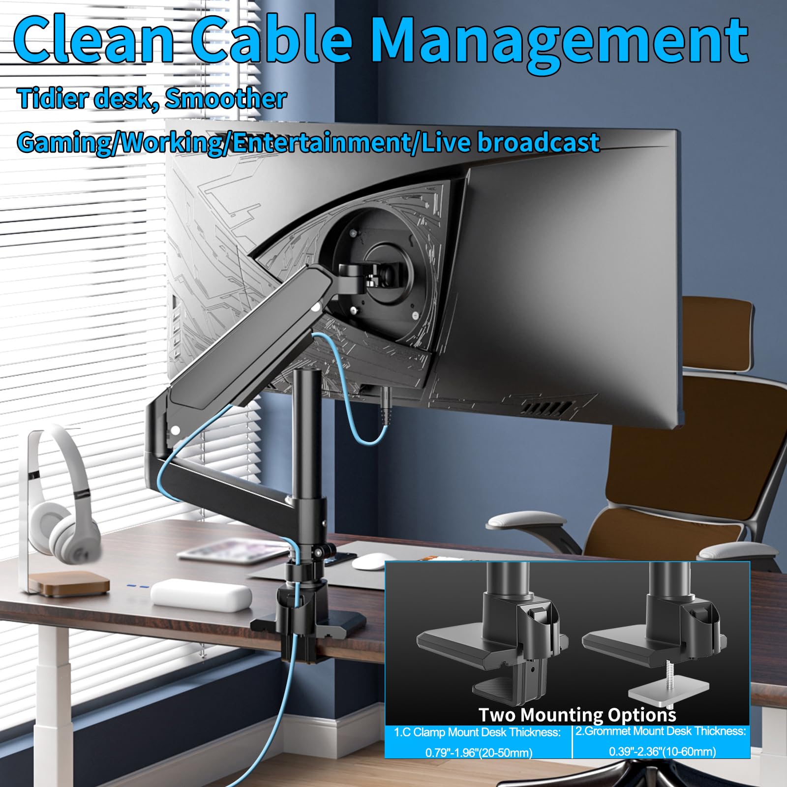 Braccio Monitor Nero per Schermi Ultralargo da 17 a 60 Pollici,Supporta 20kg, Supporto Monitor a Molla a Gas Regolabile in Altezza Con Asta, Ergonomia Rotazione VESA 75x75/100x100mm