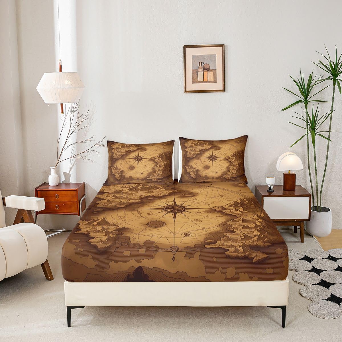 Manfei Juego de sábanas bajeras con diseño de brújula, tamaño King, mapa náutico, 3 piezas, sábanas de aventura oceánica con 2 fundas de almohada, decoración de habitación infantil y niña, ropa de