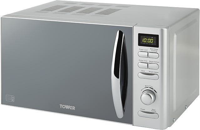 Tower T24019S Infinity Digital Solo Microwave with 6 Power Levels, 8 Auto Cook Options, 60 Minute Timer, Defrost Function, Stylish Mirrored Door, 18/10 Steel, 800 W, 20 liters, Silver