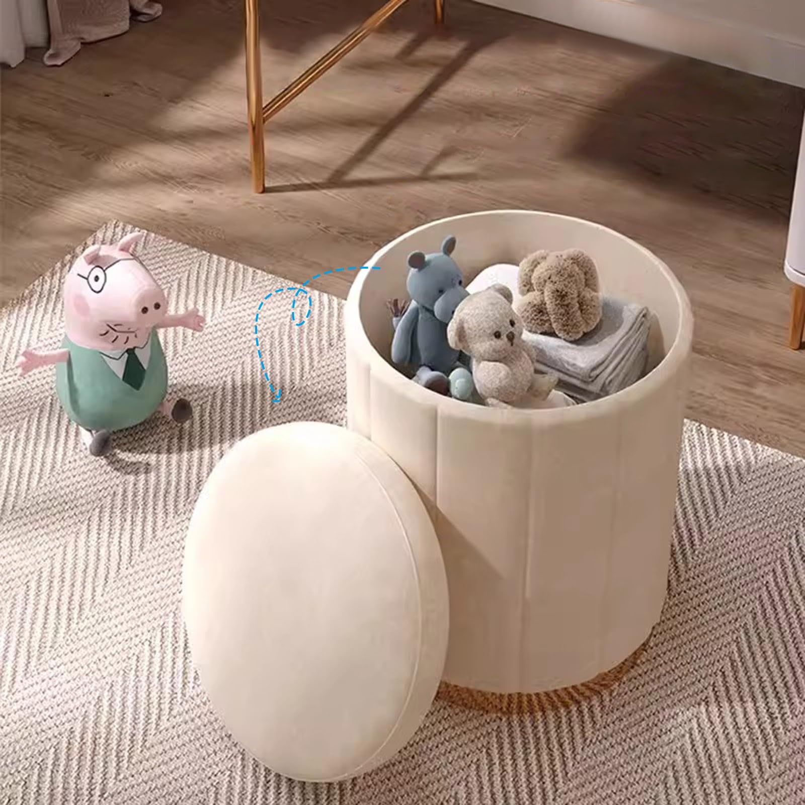 Pouf Contenitore Rotondo con Seduta Imbottita e Coperchio, Sgabello Morbido in Lino Verde per Camera da Letto e Soggiorno, 34x45 cm