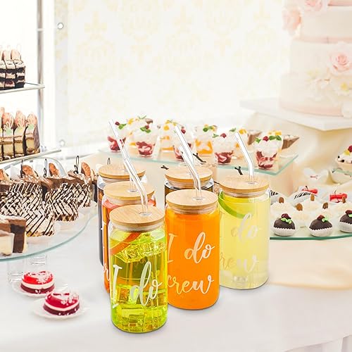 Miniatura 3 de Dandat 12 vasos de vidrio I Do Crew con tapas y pajitas de bambú de 17 onzas, vasos de vidrio transparente para despedida de soltera, regalos de