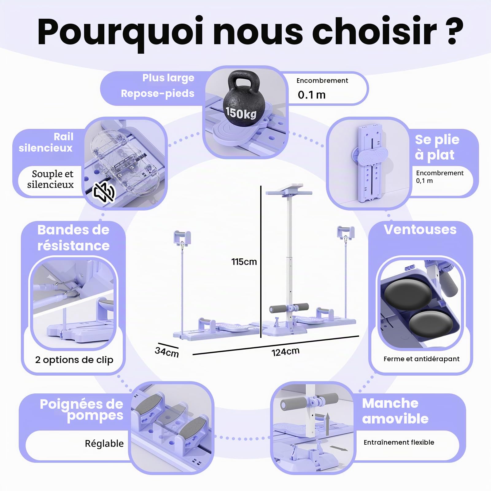 Kit Pilates Reformer, Machine à Ski 5 en 1, Planche de Pilate Pliable, Appareil Abdominaux, Push up Board, Poignées Amovibles avec Support Téléphone, pour le Renforcement du Core, Fessiers, Bras