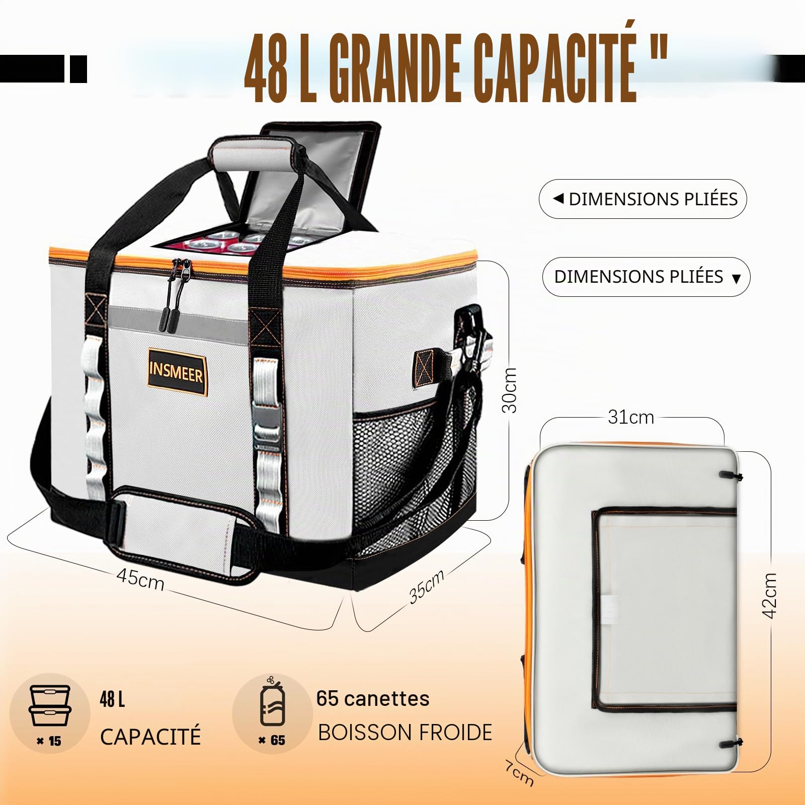INSMEER Grand sac isotherme de 48 l - Pliable - Avec ouverture supérieure - XXL (45 x 35 x 30 cm) - Sac isotherme étanche - Idéal pour les excursions, les pique-niques, le camping, la randonnée, la
