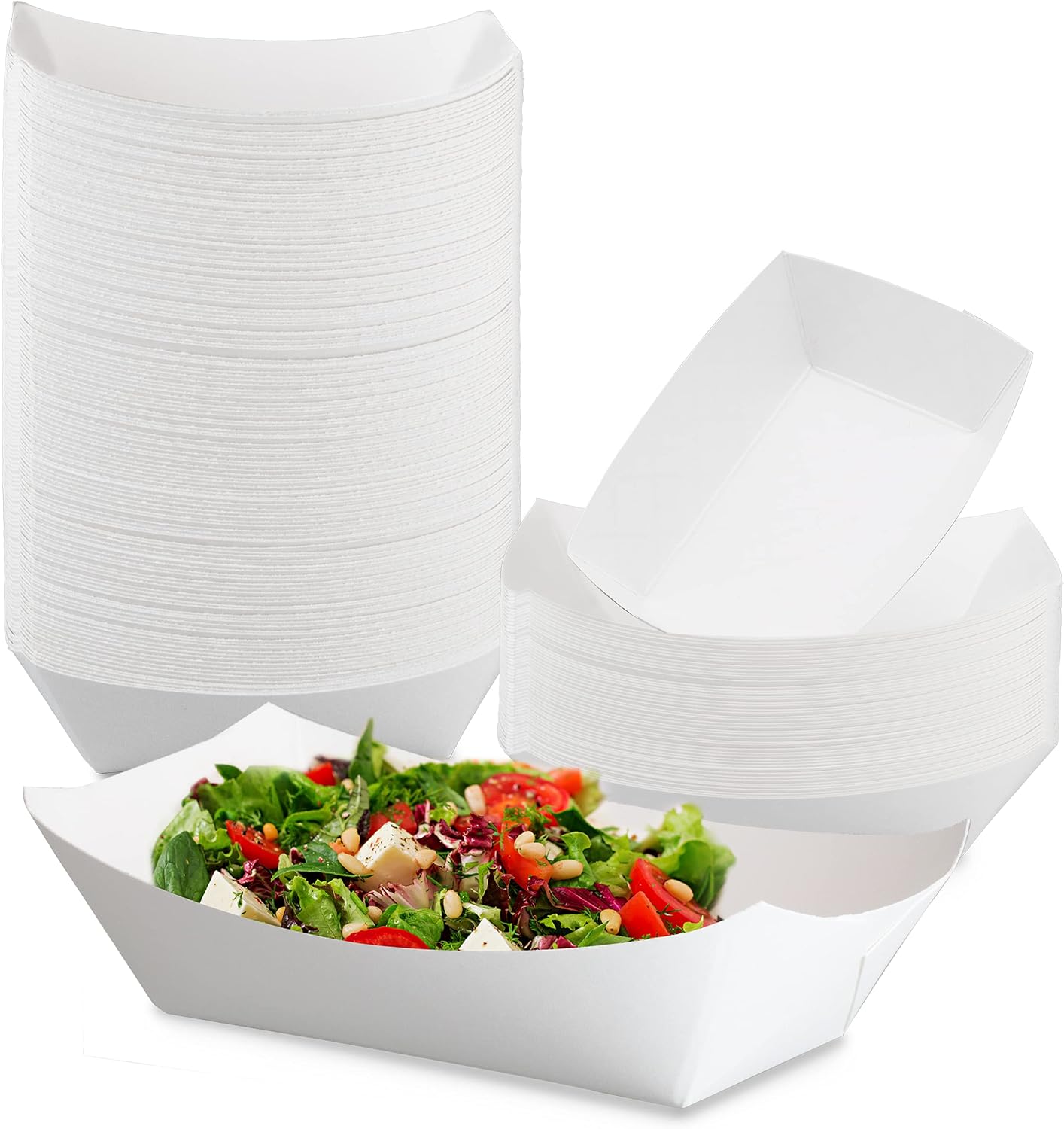 [125 Pack] 2.5 lb White Paper Food Tray - Grease Resistant Serving Plate, Heavy Duty Paperboard Boat Basket - Snack Containers Holds Tacos, Nachos, Fries, Corn Dogs for Fairs Picnics, Party Supplies