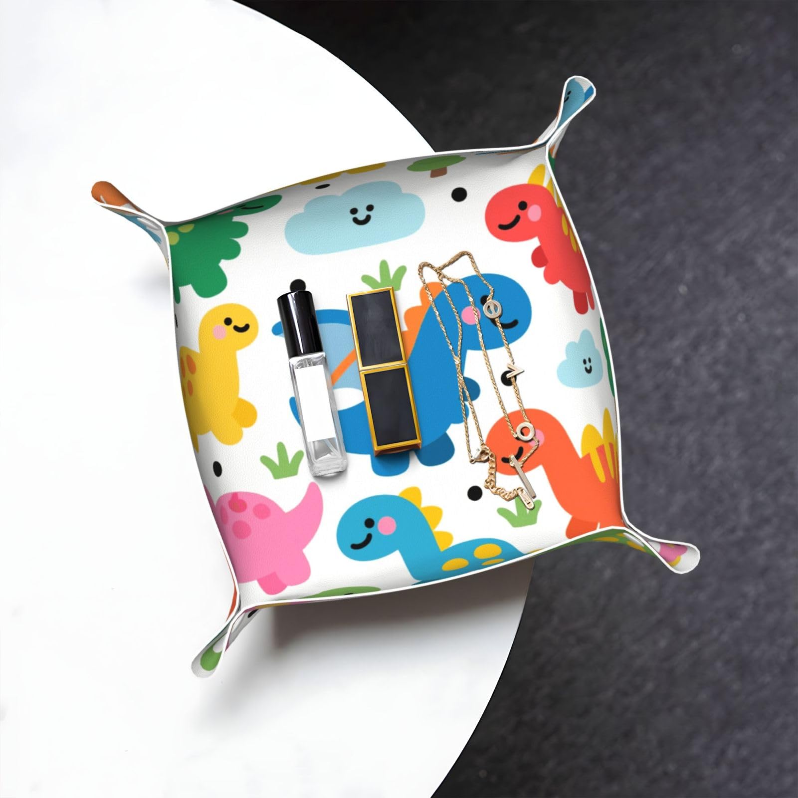 Dinosaur Adorable Cartoon Pattern Valet Tray Organizer Pu Leather Travel Catchall Tray Organizer Portable Jewelry Tray Storage Keys Tray for Entryway Table Coins Watches Candy
