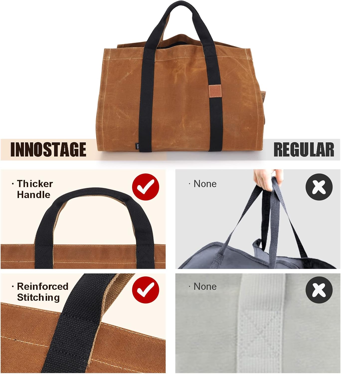 INNO STAGE Firewood Log Carrier Tote Bag with Super Strong Double Straps for Reinforce, 16oz Waxed Canvas Heavy Duty & Long Lasting for Wood Hay Hauling for Fireplace or Outdoor Camping-Rust Color - Image 4