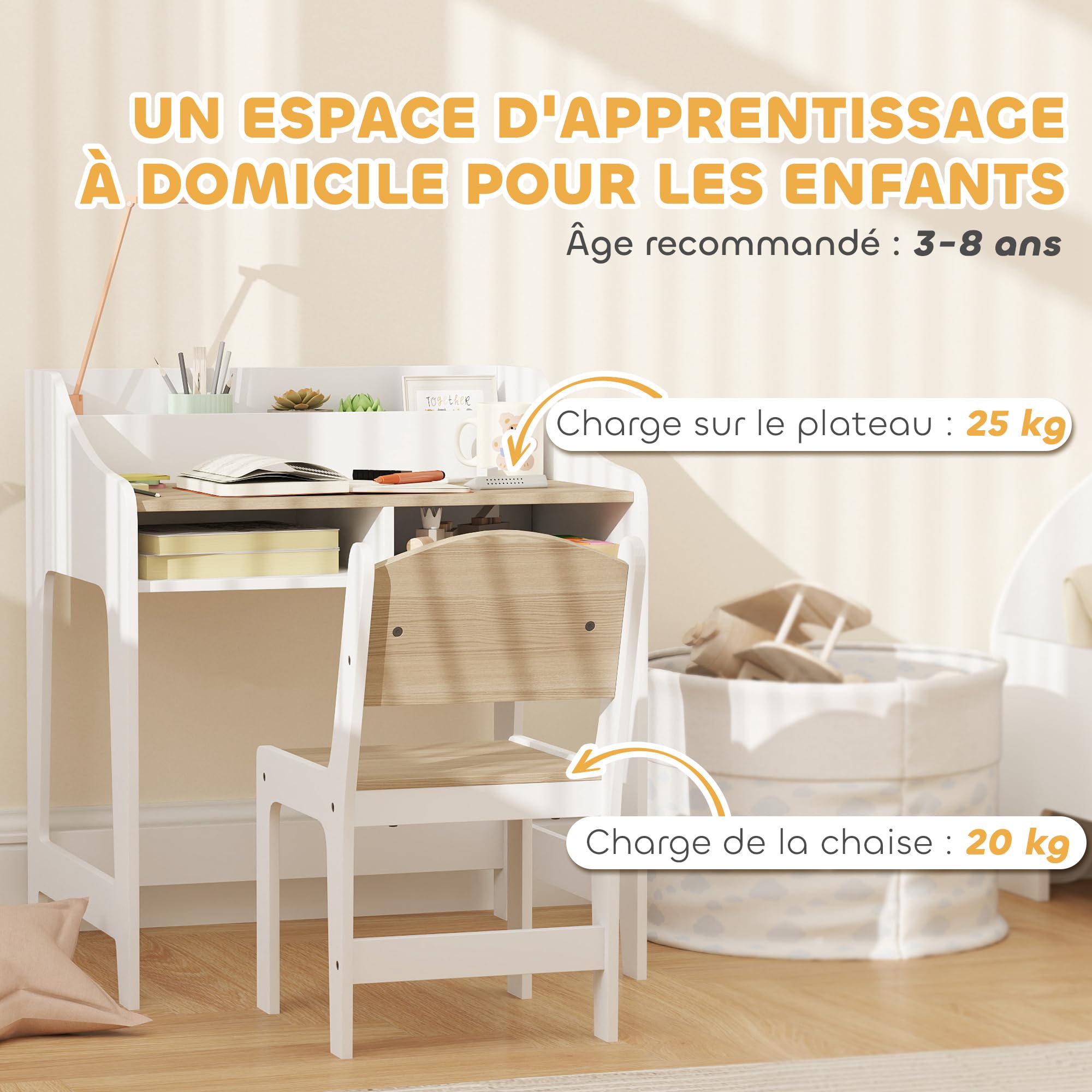 AIYAPLAY Ensemble Bureau et Chaise pour Enfant 3 à 8 Ans, Bureau Enfant garçon Fille avec Chaise, Compartiments et étagères Ouverts, pour Chambre à Coucher, Salle de Jeux, crèche, Effet Bois Naturel