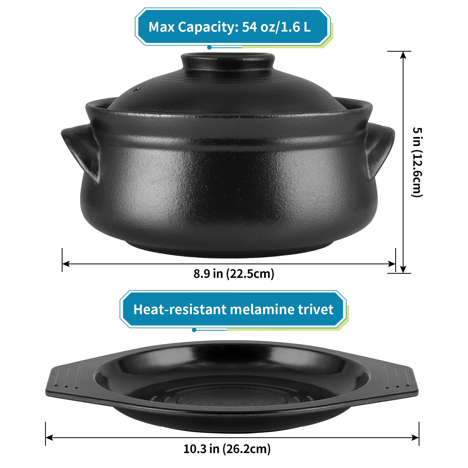 Skelang Bol Coréen Bibimbap, Bols en Céramique, Cassolette de Fruits de Mer avec Couvercle et Plateau, pour Cuisiner des Nouilles, de La Soupe, du Riz, Capacité 1,6 L (Noir Mat)