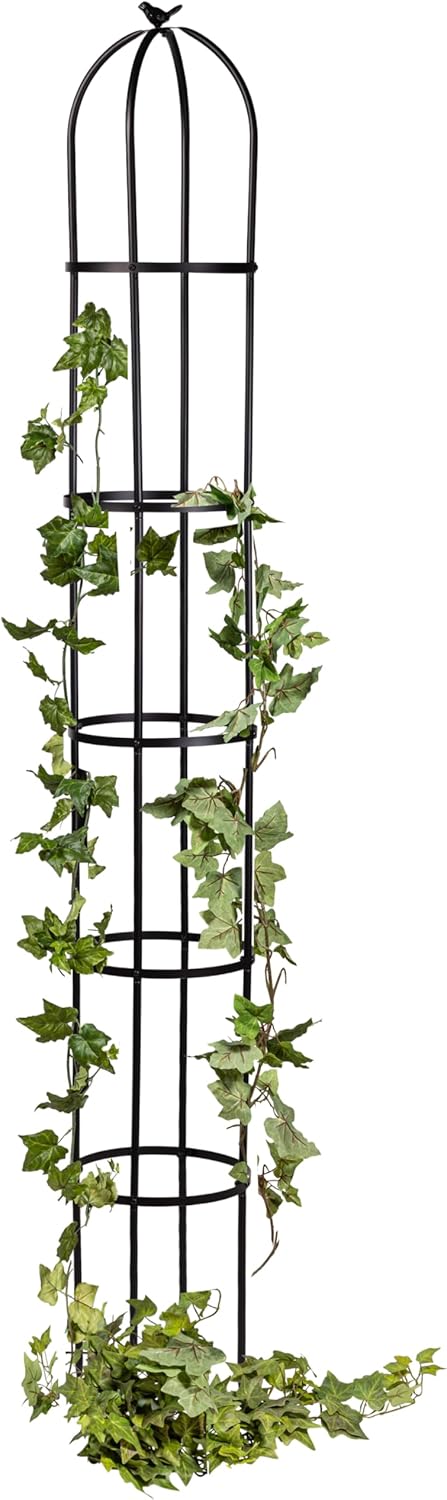 Evergreen Metal Garden Obelisk Trellis for Climbing Plants Outdoor, Indoor Plant Trellis for Potted Plants, Floral Pattern Arch Trellis (Black, 7 ft. Round)