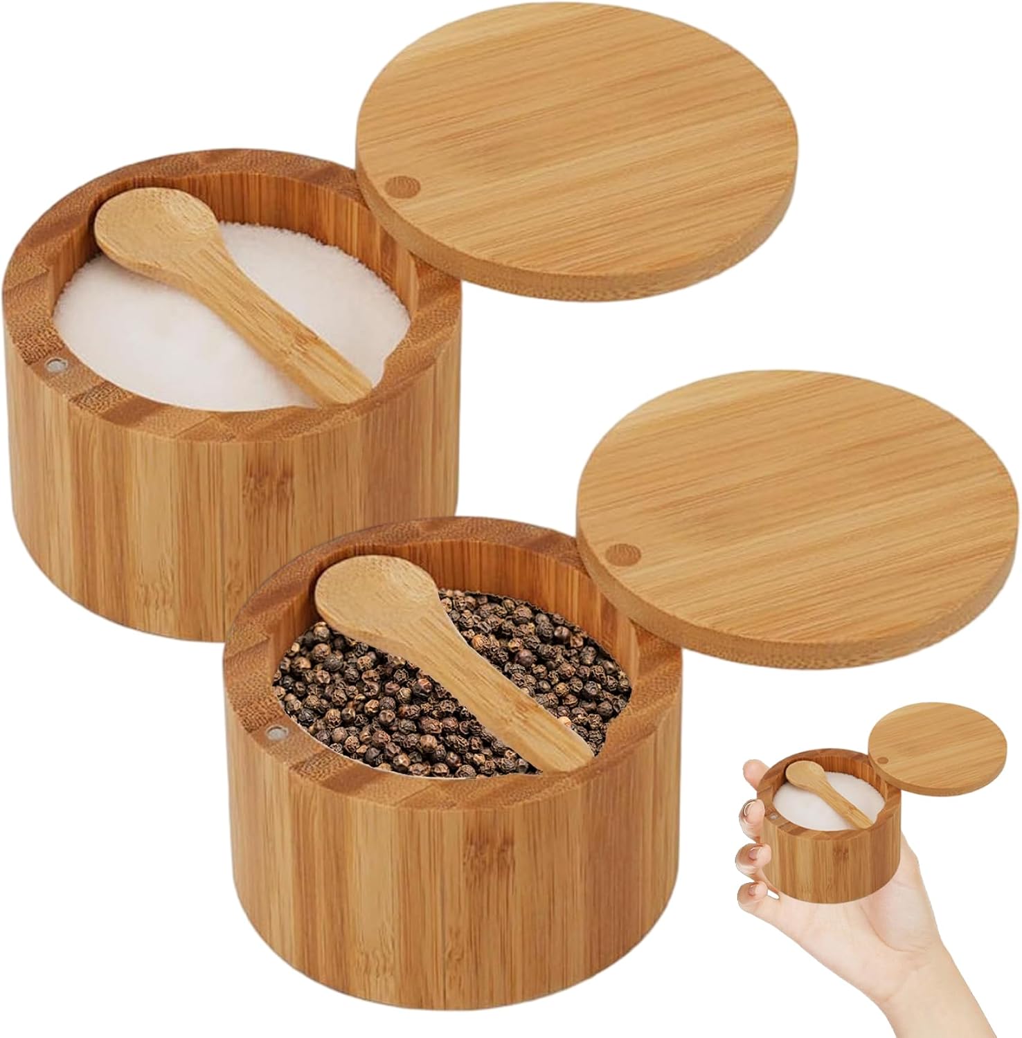 Salt and Pepper Containers Bamboo Bowls with Swivel Lid Built-In Spoon