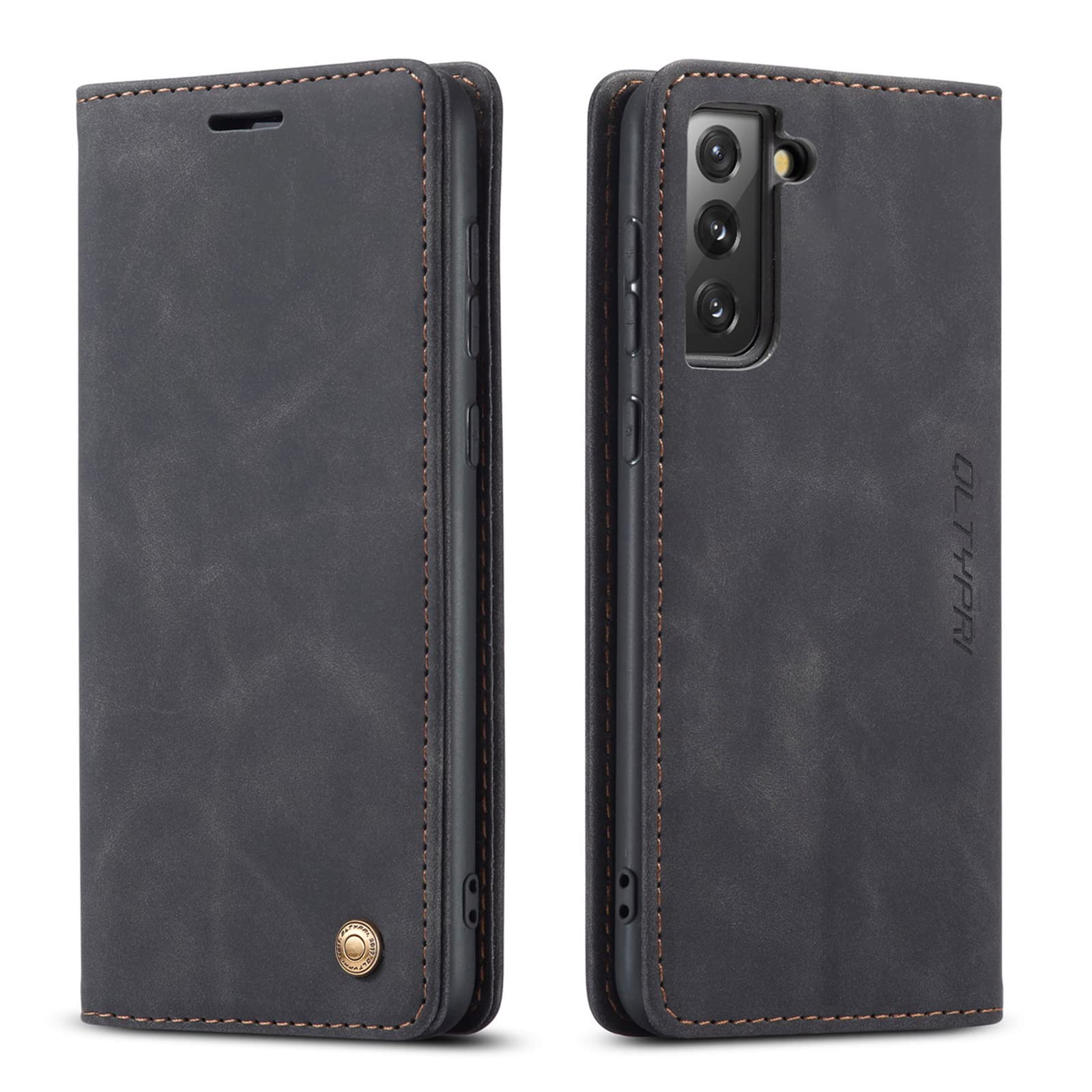 QLTYPRI Case for Samsung Galaxy S21 5G, Vintage PU Leather Wallet Case Card Slot Kickstand Magnetic Closure Shockproof Flip Folio Case Cover for Samsung Galaxy S21 - Black