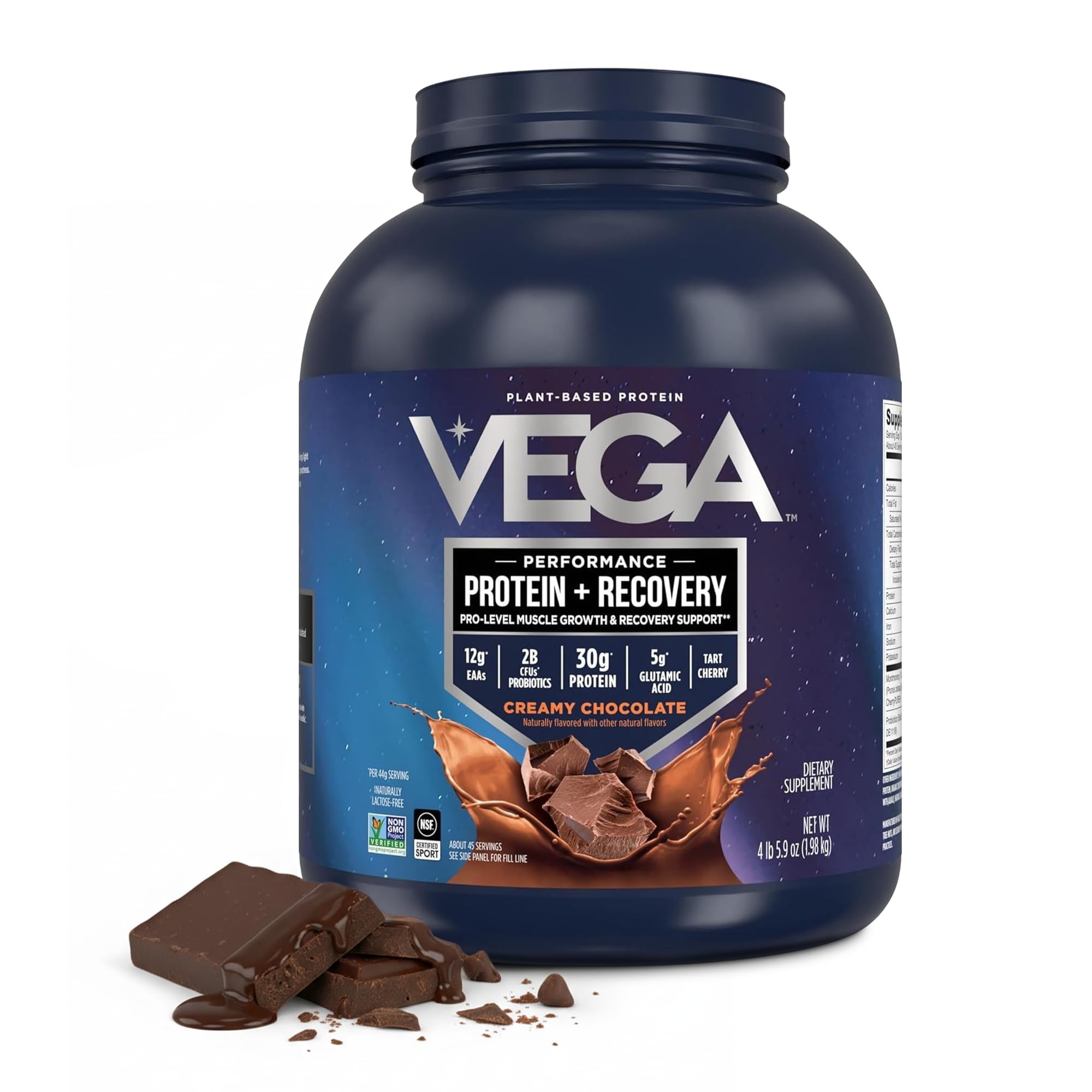 Vega Sport Vegan Protein Powder + Recovery - 30g Plant Based Protein per Serving, Chocolate, 45 Servings, 5g BCAAs, Probiotics, NSF Certified, for Shakes & Smoothies, 4.4lbs (Packaging May Vary)